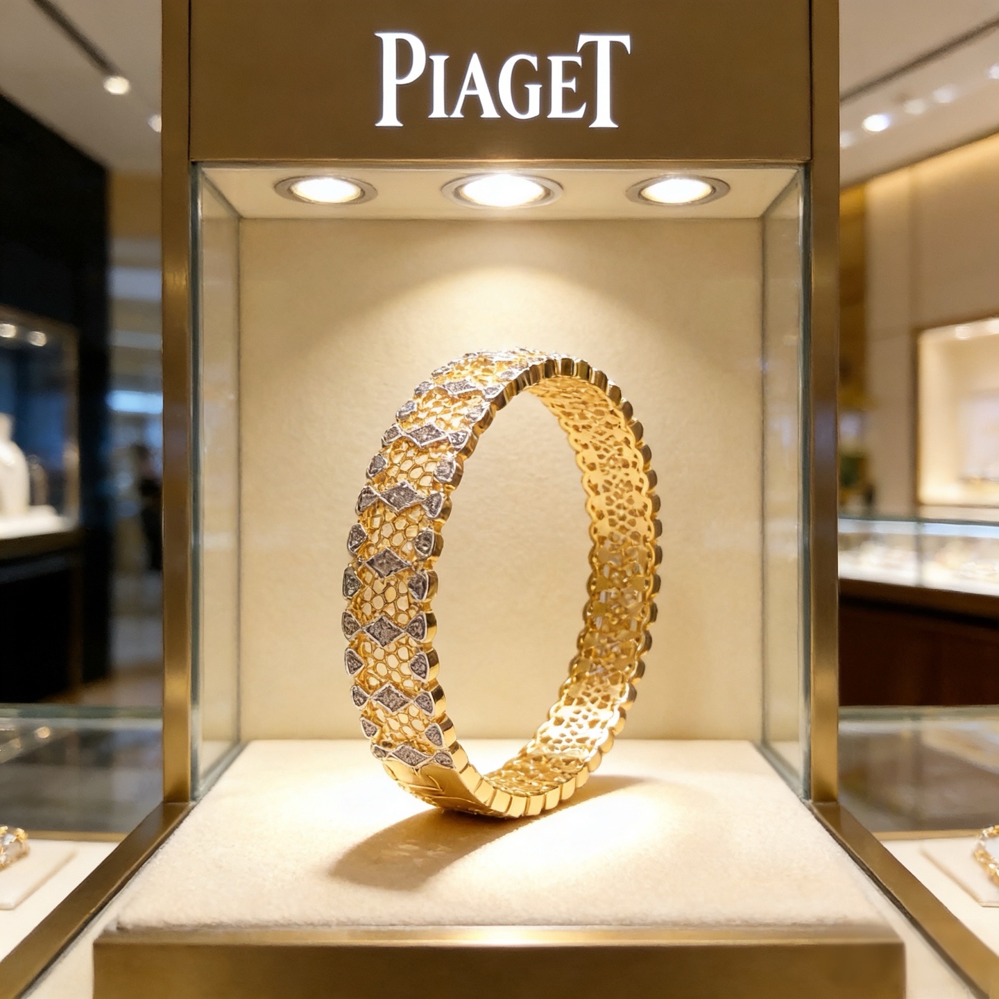 Piaget伯爵手镯 高端定制版本 镶嵌钻工艺 ，V金材质 ，细节处尽显奢华。金属质感与纹理相互映衬，光