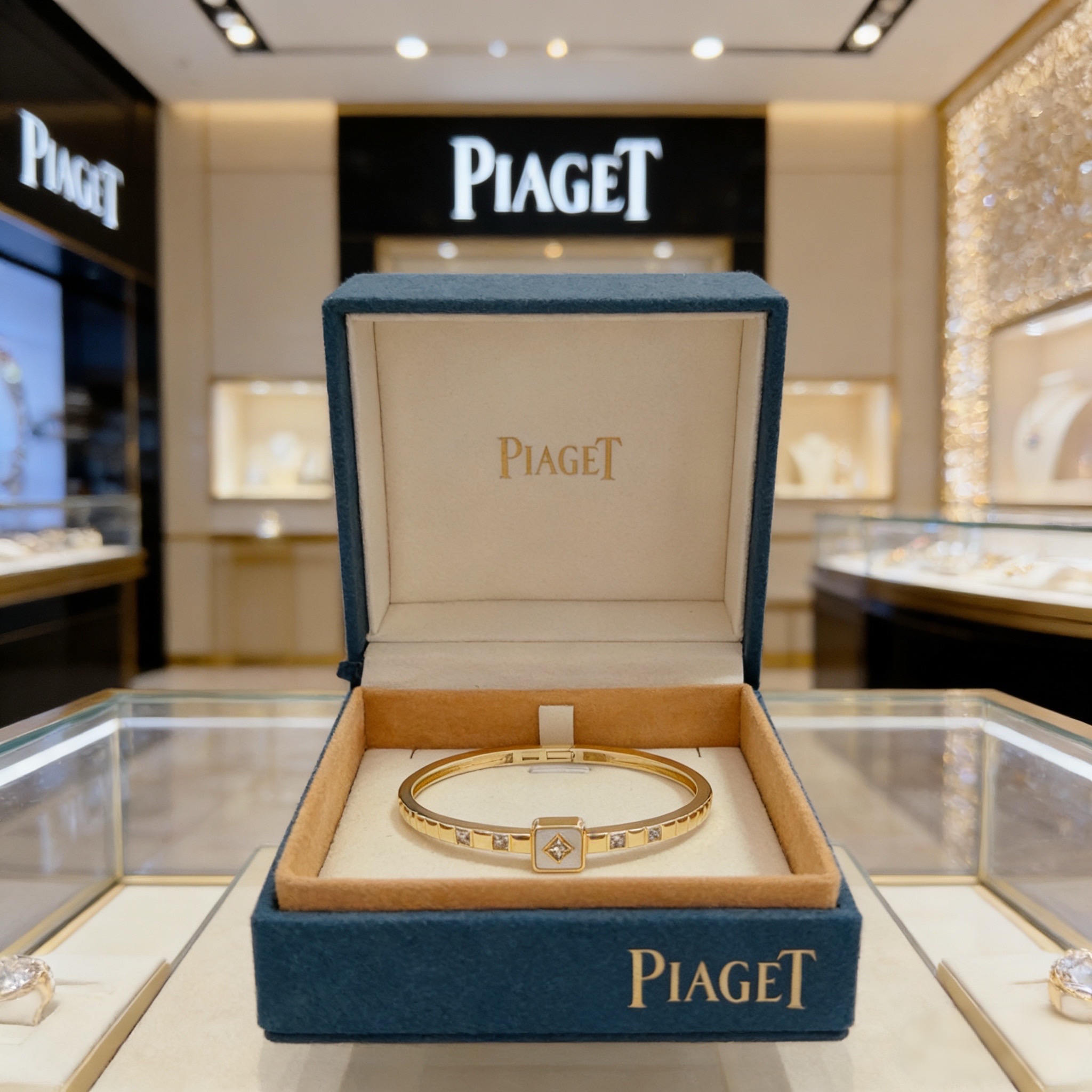 Piaget伯爵手镯 高端定制版本 镶嵌钻工艺 ，V金材质 ，细节处尽显奢华。金属质感与纹理相互映衬，光