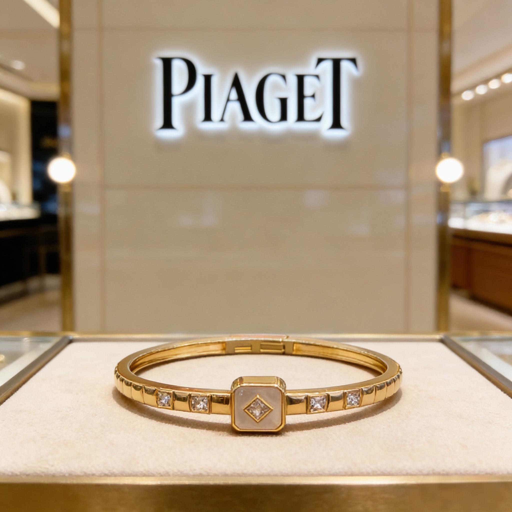 Piaget伯爵手镯 高端定制版本 镶嵌钻工艺 ，V金材质 ，细节处尽显奢华。金属质感与纹理相互映衬，光