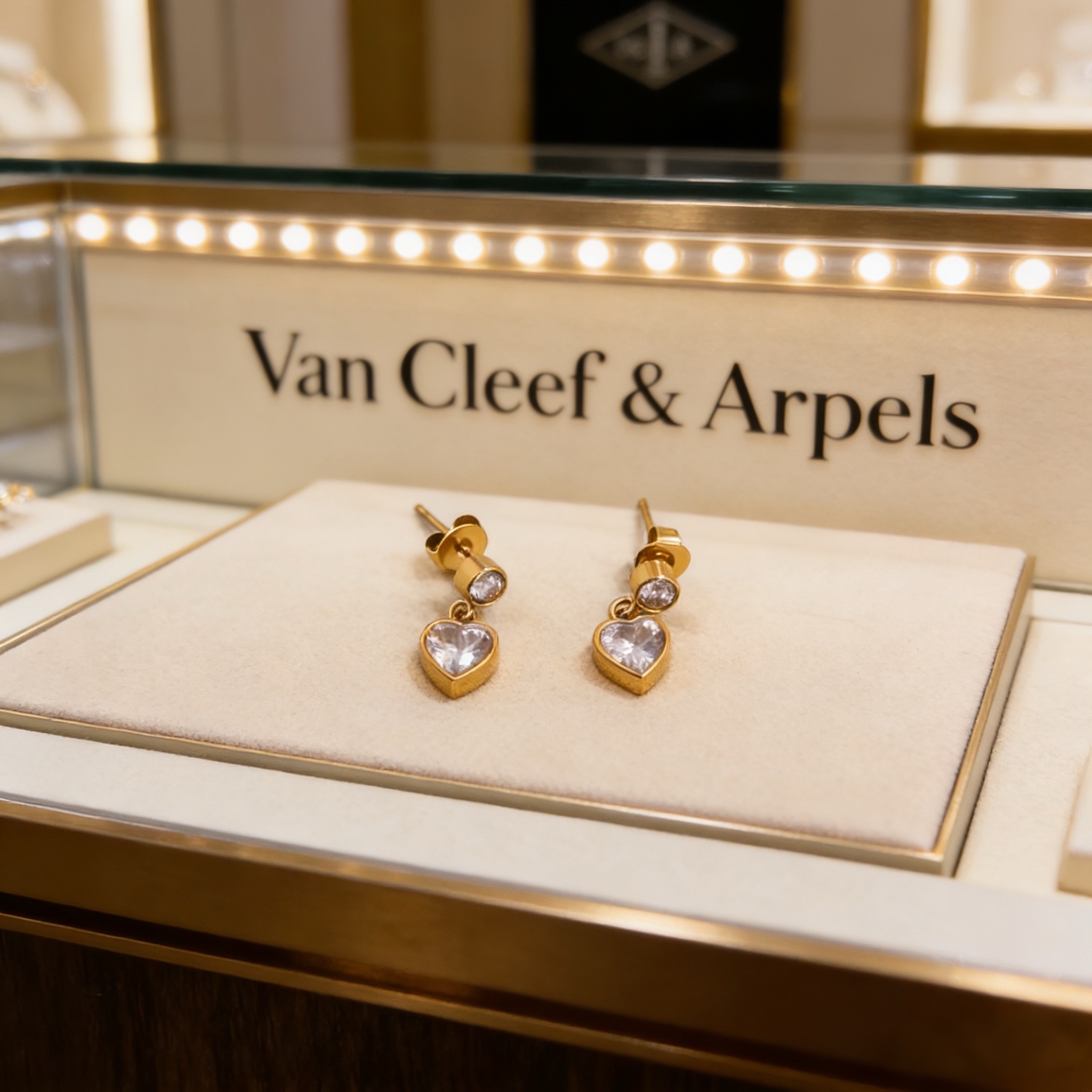 Brincos Van Cleef Arpels Heart Drop em ouro amarelo com pedras transparentes lapidadas em coração, comprimento de gota de 1,2 cm