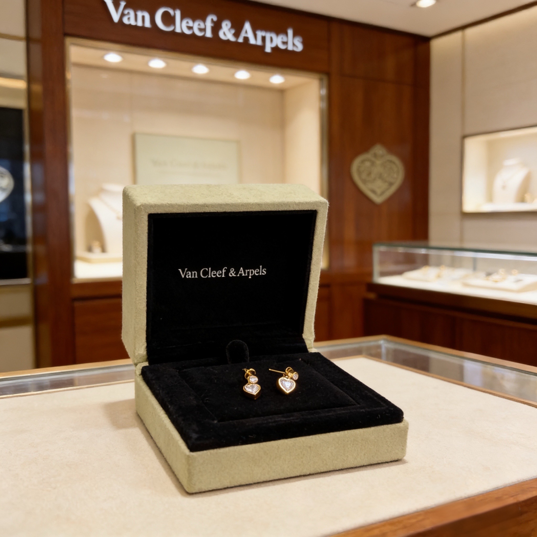 Brincos Van Cleef Arpels Heart Drop em ouro amarelo com pedras transparentes lapidadas em coração, comprimento de gota de 1,2 cm