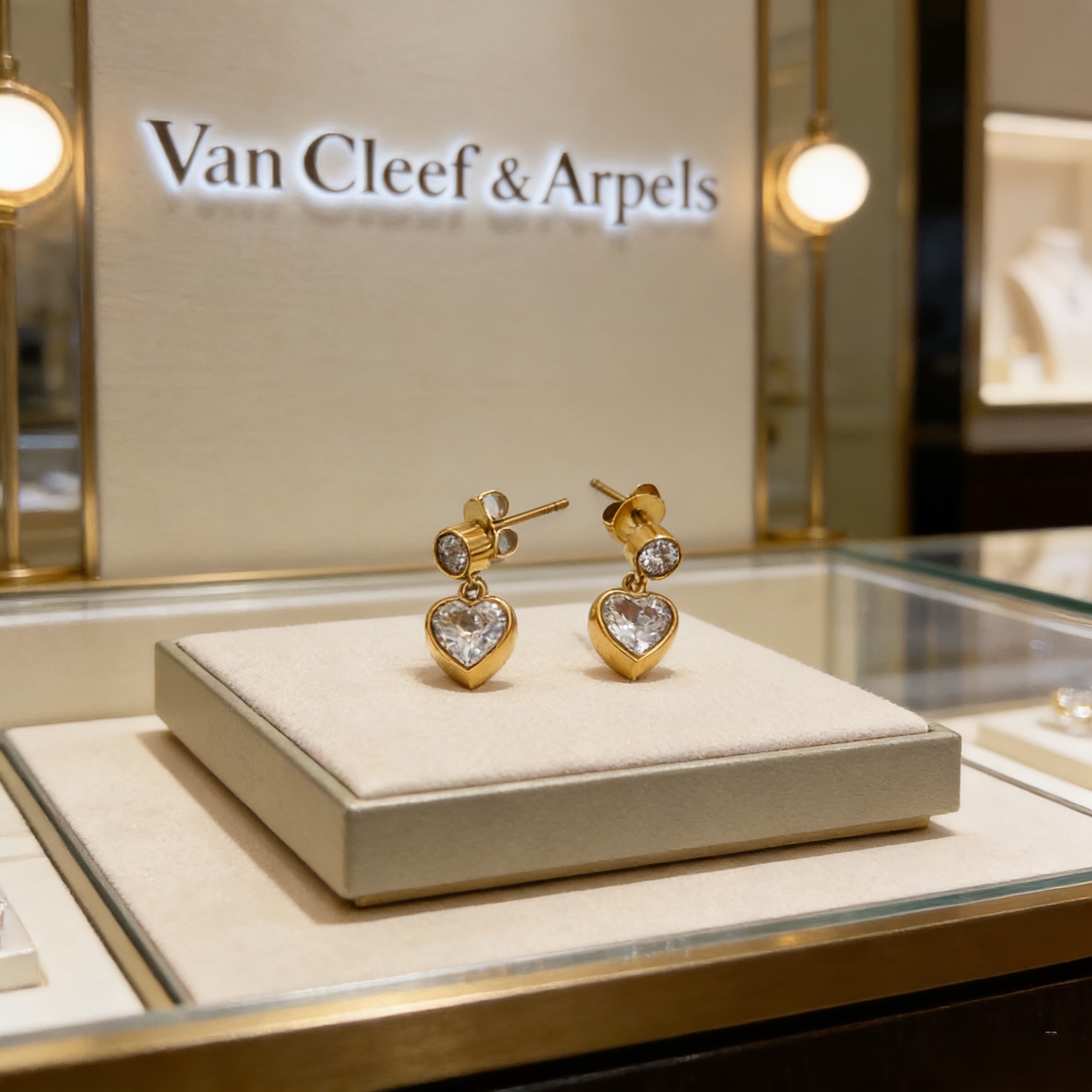Brincos Van Cleef Arpels Heart Drop em ouro amarelo com pedras transparentes lapidadas em coração, comprimento de gota de 1,2 cm