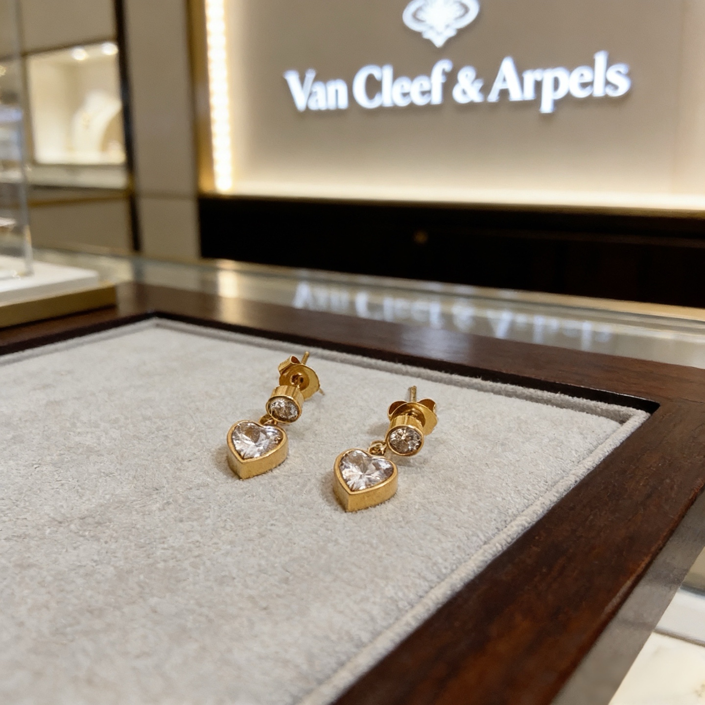 Brincos Van Cleef Arpels Heart Drop em ouro amarelo com pedras transparentes lapidadas em coração, comprimento de gota de 1,2 cm