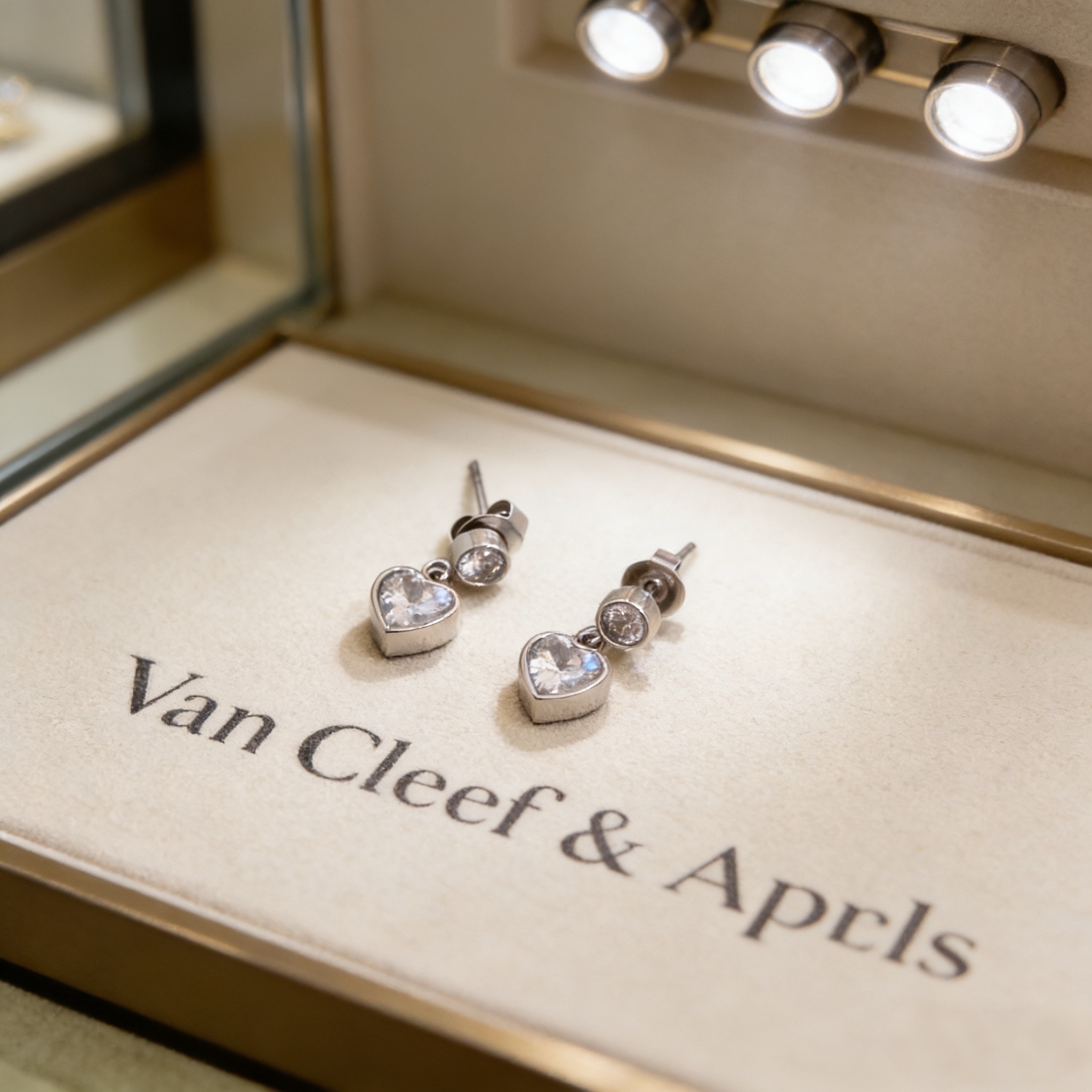 Pendientes Van Cleef Arpels con forma de corazón y diamantes, pendientes de metal en oro blanco plateado con piedras de diamantes facetadas transparentes, longitud de caída de 1,2 cm