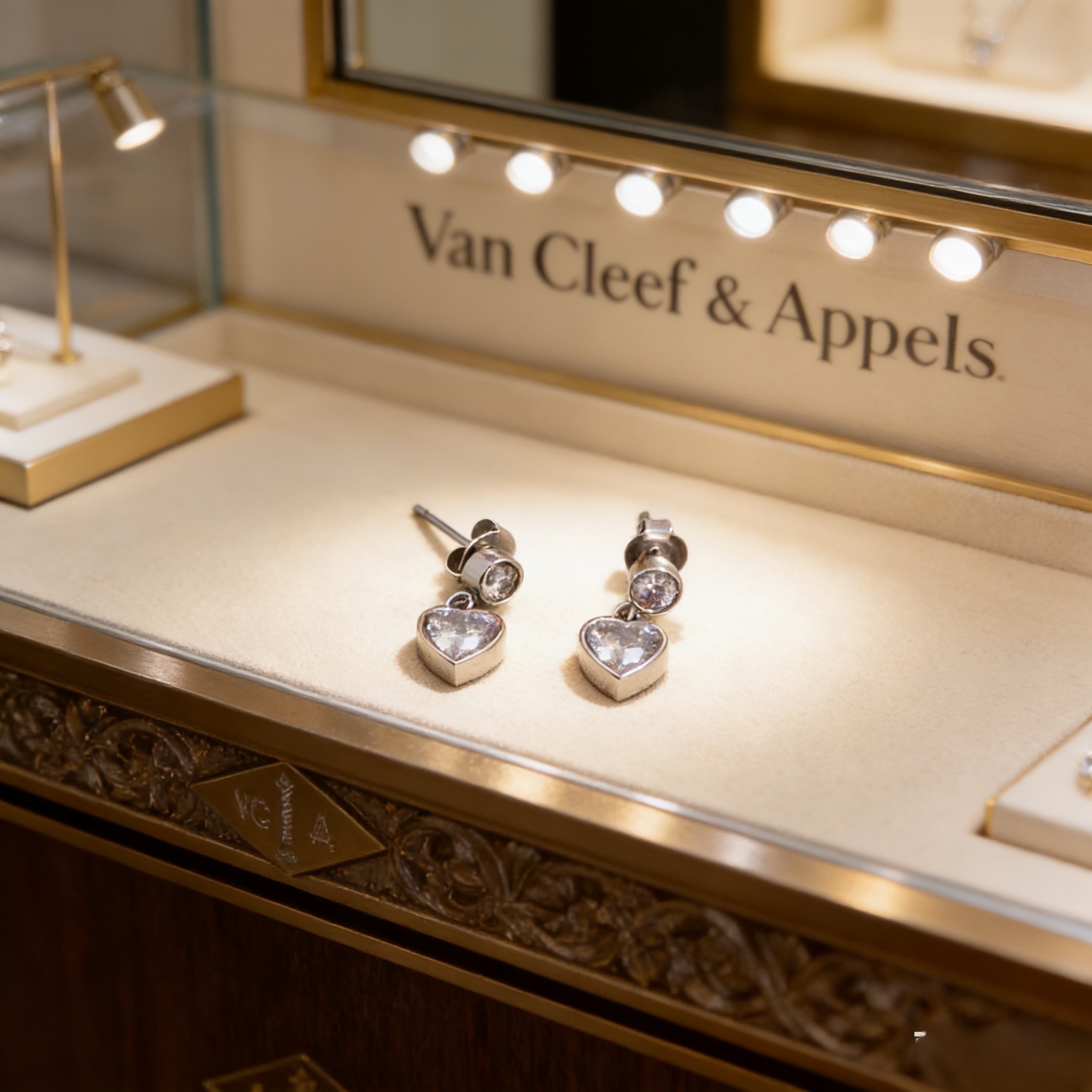 Pendientes Van Cleef Arpels con forma de corazón y diamantes, pendientes de metal en oro blanco plateado con piedras de diamantes facetadas transparentes, longitud de caída de 1,2 cm