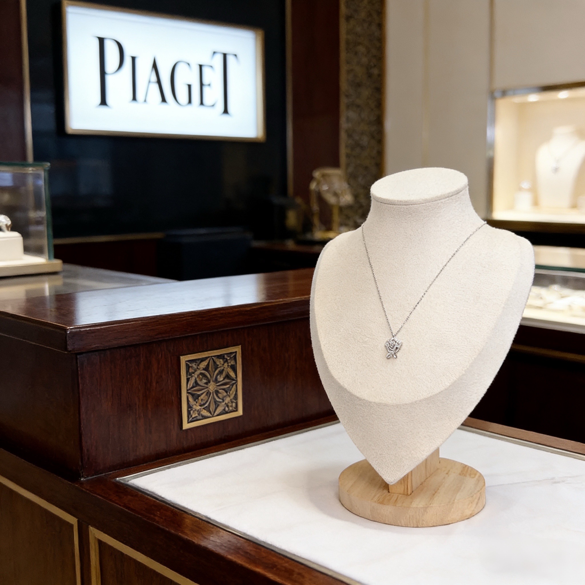 Piaget伯爵项链 高端定制版本 镶嵌钻工艺 ，V金材质 ，细节处尽显奢华。金属质感与纹理相互映衬，光