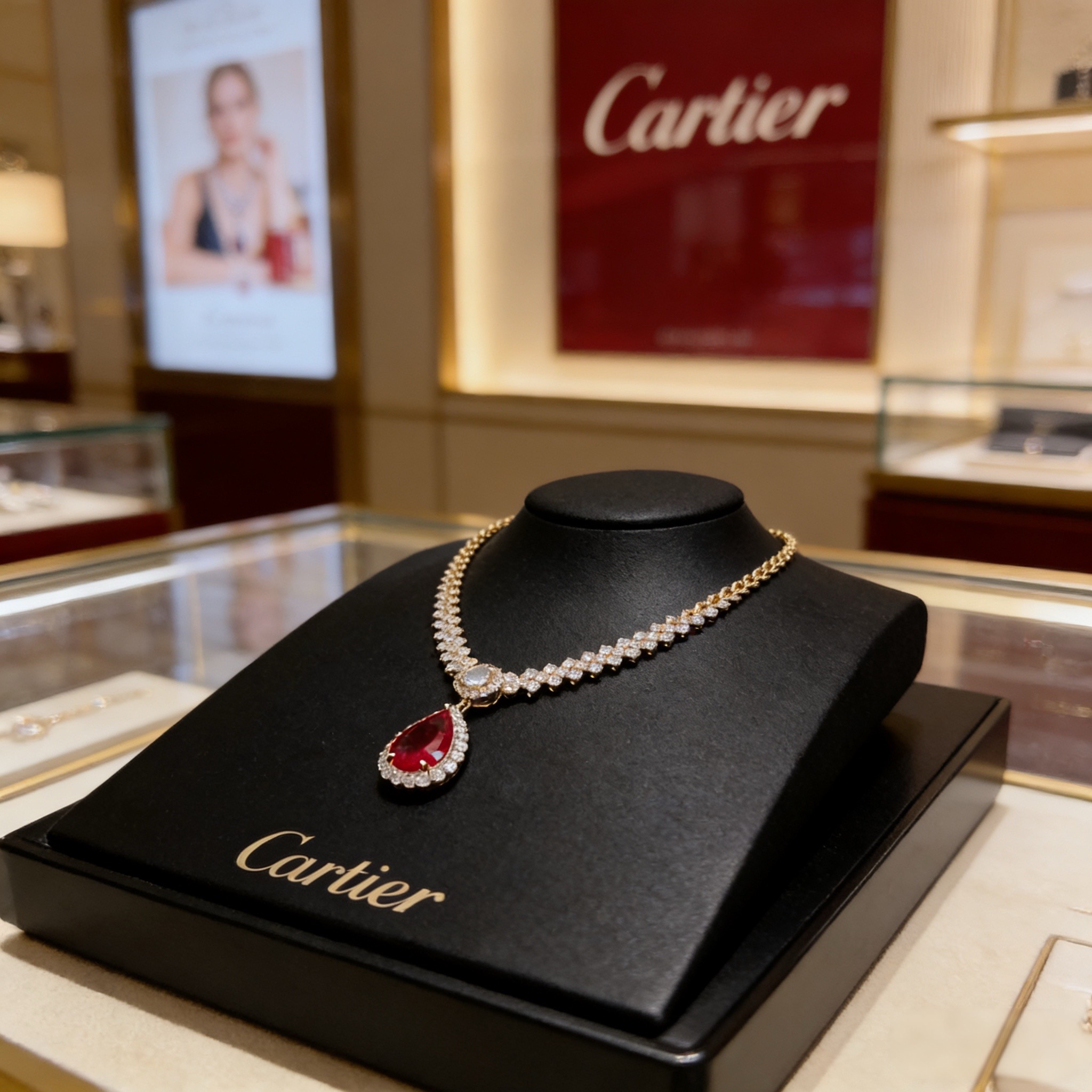卡地亚红宝石镶钻项链 高端定制版本 镶嵌钻工艺 V金材质 经典而时尚风格 用凌厉线条重构爱情美学！打破常