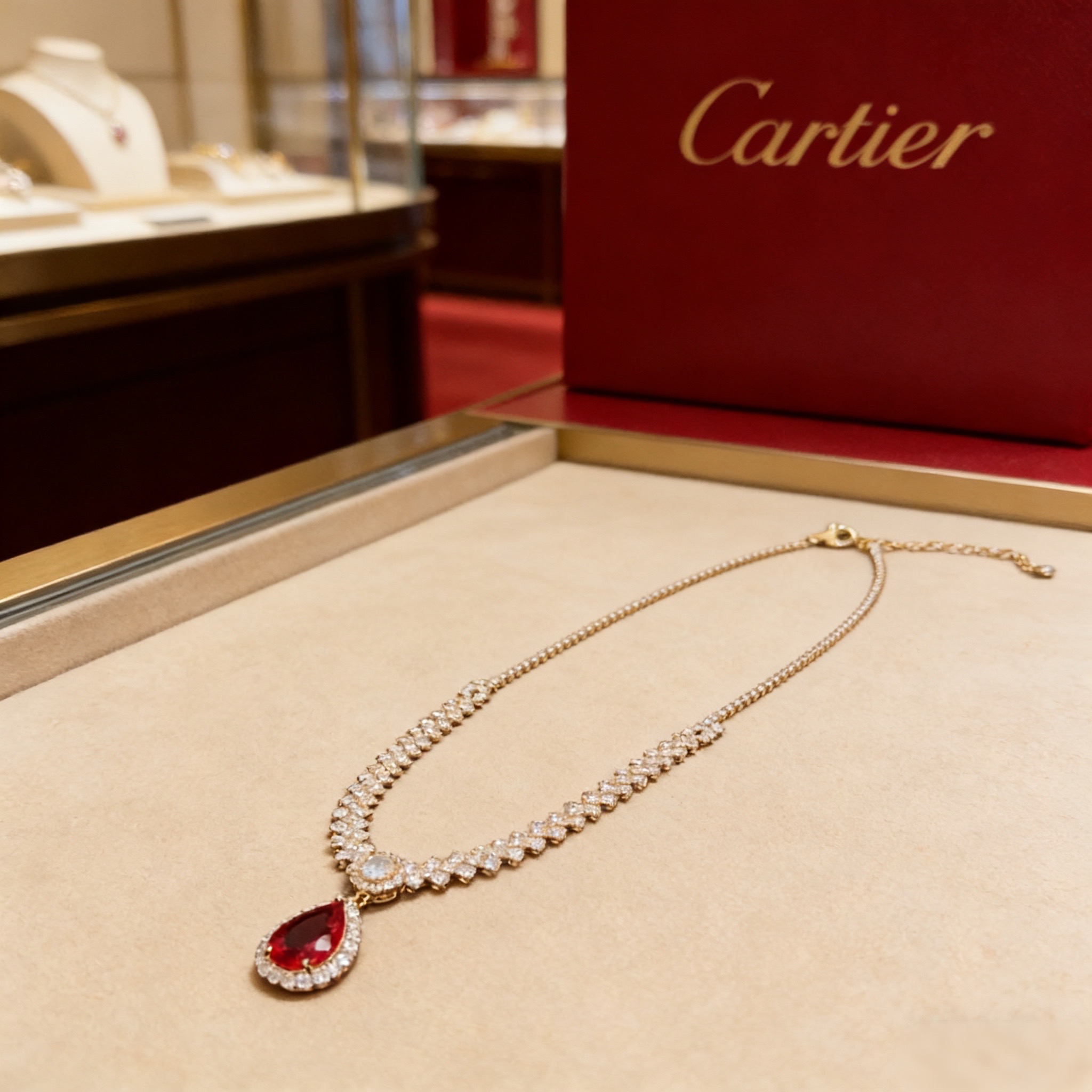 卡地亚红宝石镶钻项链 高端定制版本 镶嵌钻工艺 V金材质 经典而时尚风格 用凌厉线条重构爱情美学！打破常