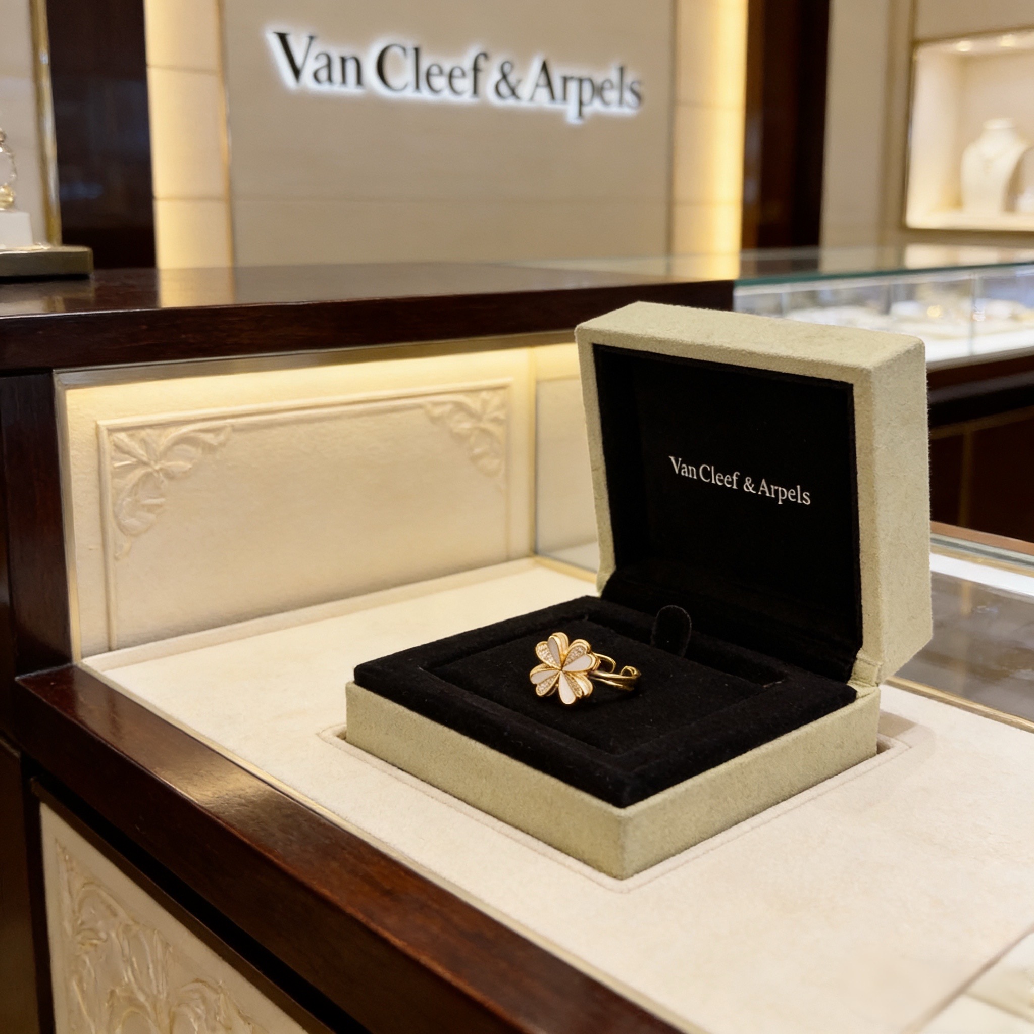 NO:754915,[Seiko original] VCA four-leaf clover Van Cleef ring, a classic, the same style as the official website, fashion trend, using multi-layered metal carving design to make the petals more three-dimensional, inlaid with full diamond technology, showing the feminine temperament, four-leaf clover lucky pattern, symbolizing luck and happiness, unique and romantic, integrating simple and harmonious lines with materials, polished and polished, showing nobility and elegance, fine jewelry, ring19860909〔精工原版〕VCA四叶草梵克雅戒指 经典之作 官网同款 时尚潮流 采用多层次金属雕刻设计 使花瓣更立体 镶嵌满钻工艺 尽显女性柔美气质 四叶草幸运图案 象征幸运和幸福 独特又浪漫将简单和谐的线条与材质相融合 经过抛光和打磨 彰显高贵优雅,饰品精品,ring,Jewelry