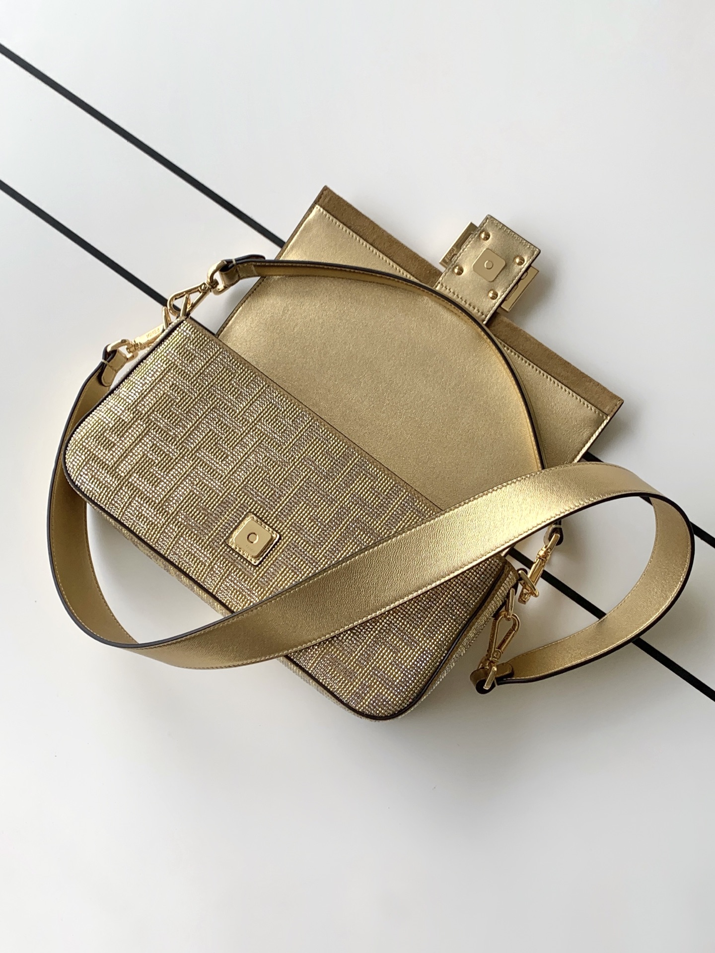 fendi baguette gold crystal shoulder bag
