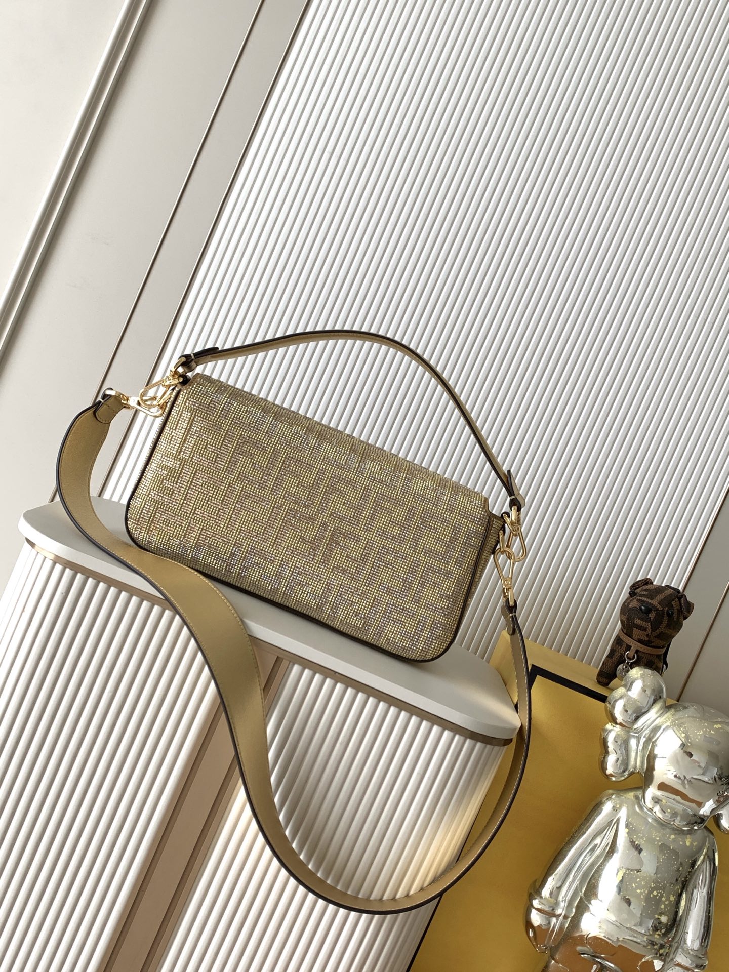 fendi baguette gold crystal shoulder bag