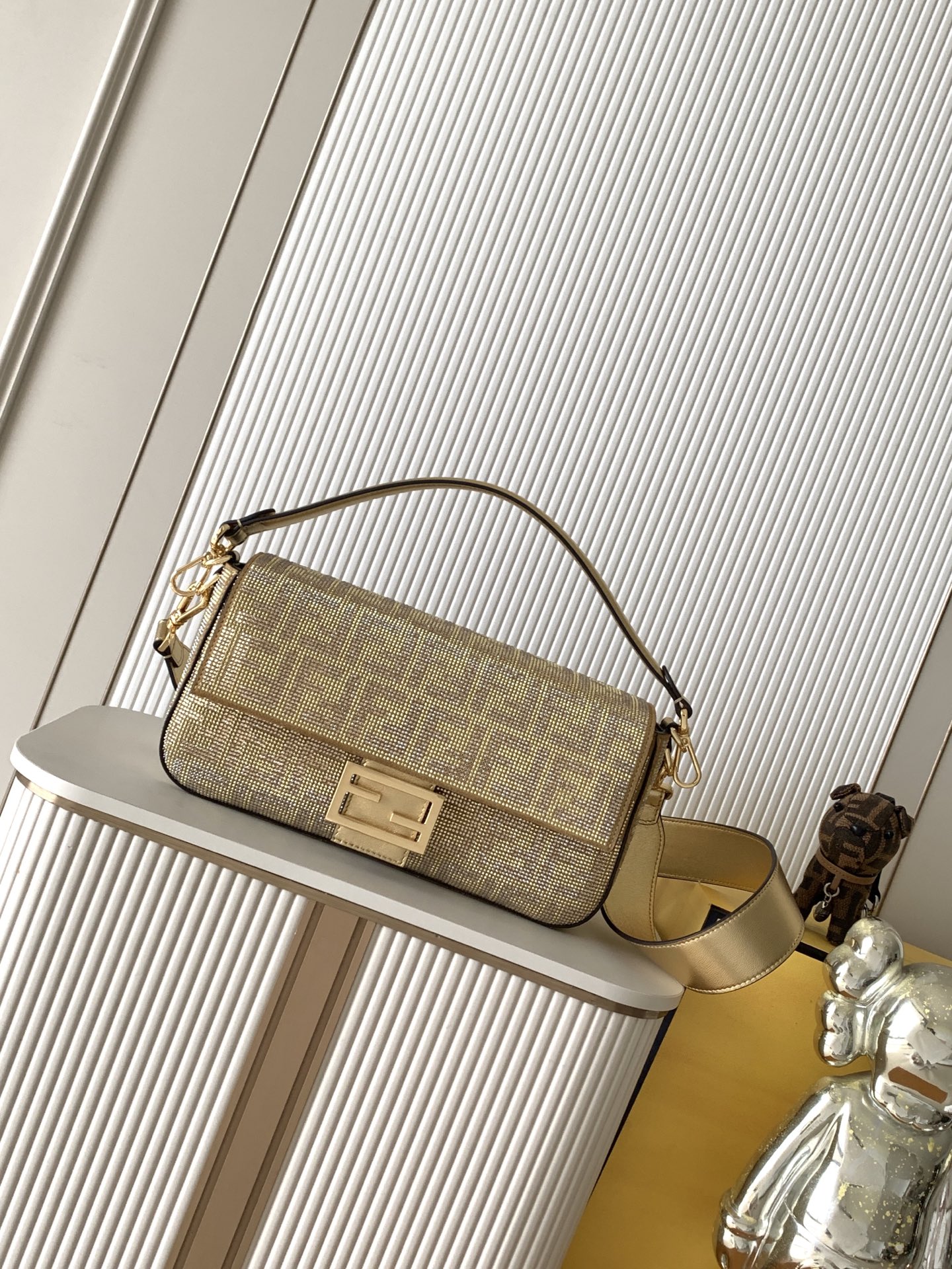 fendi baguette gold crystal shoulder bag