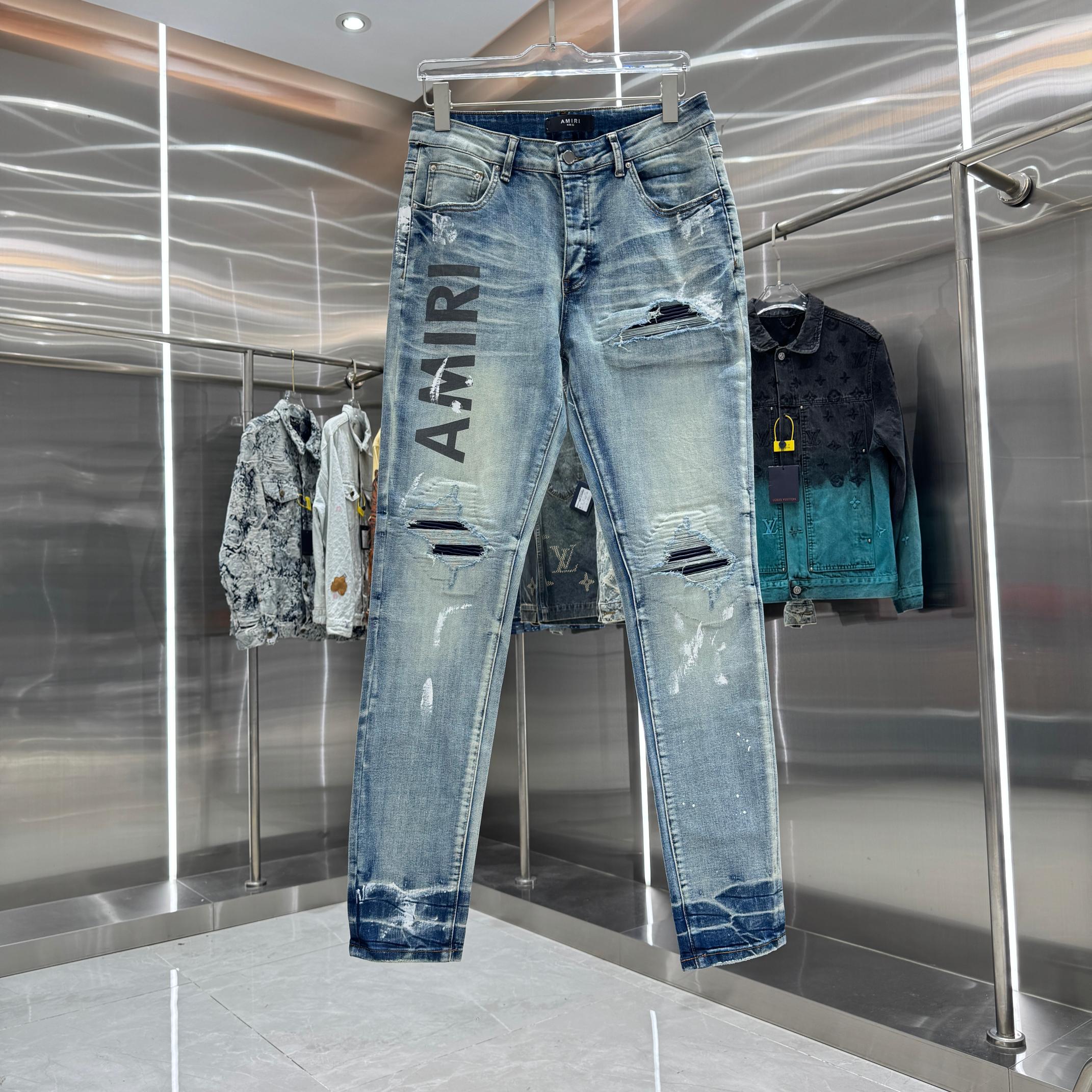 Amiri Amiri 破洞字母工艺街头潮流修身小脚弹力牛仔裤 颜色 蓝色 码数 30 32 34 36 38