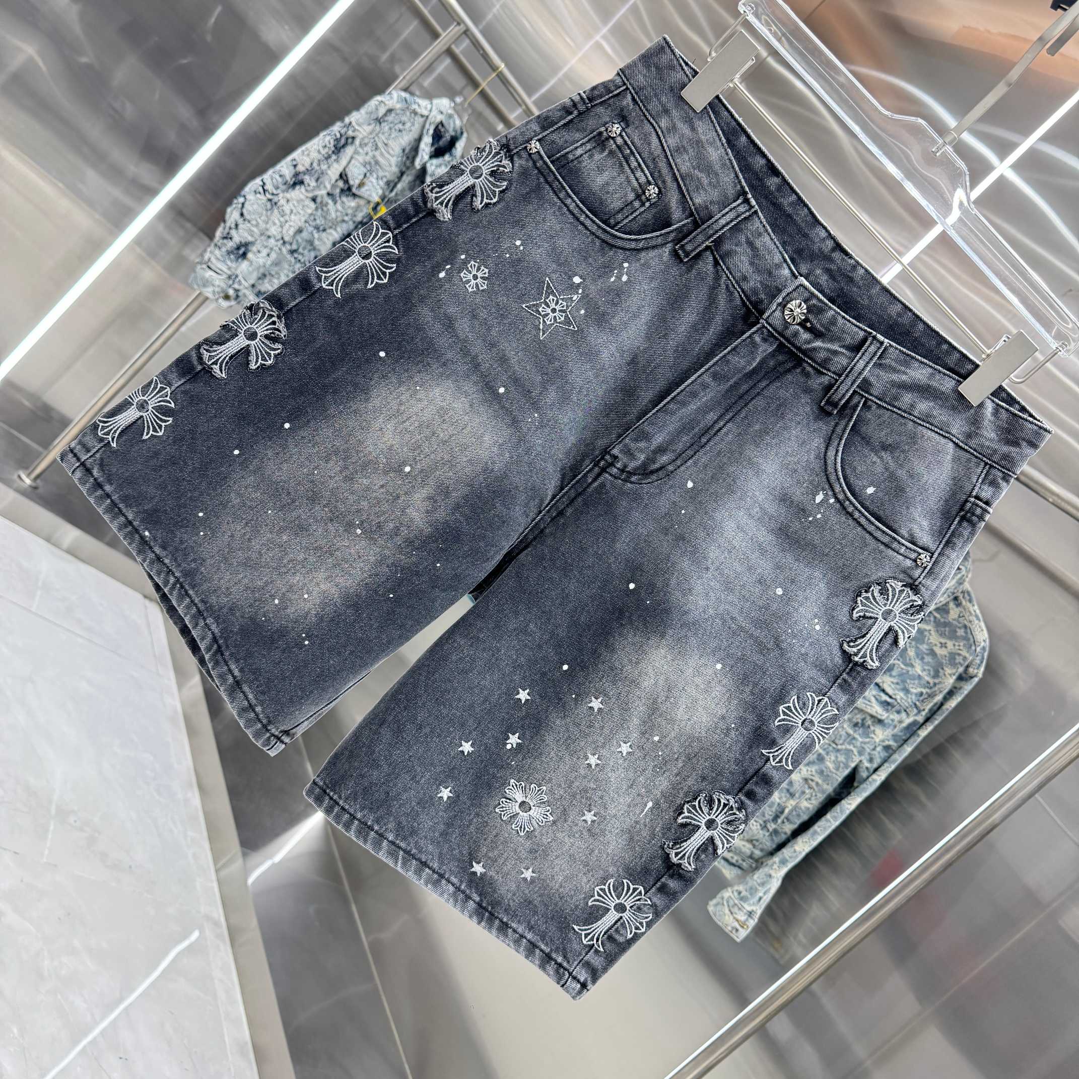 Chrome Hearts 克罗心 CH 涂层十字架刺绣牛仔裤短裤
