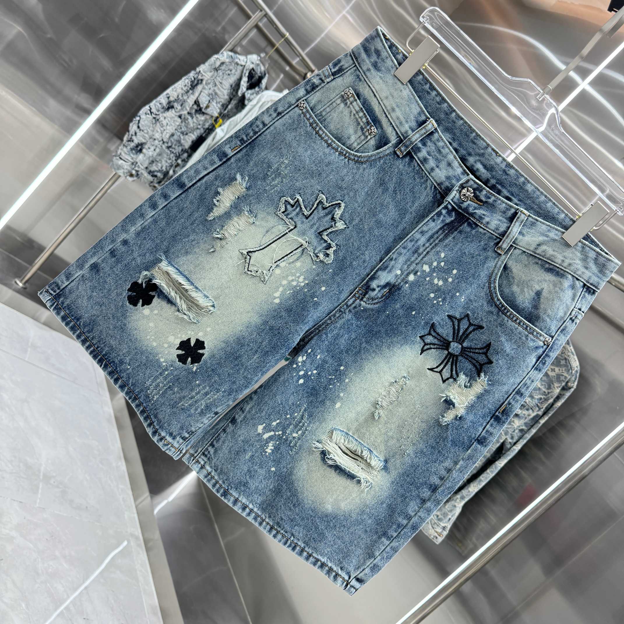 Chrome Hearts 克罗心 CH 破洞涂层十字架刺绣牛仔裤短裤