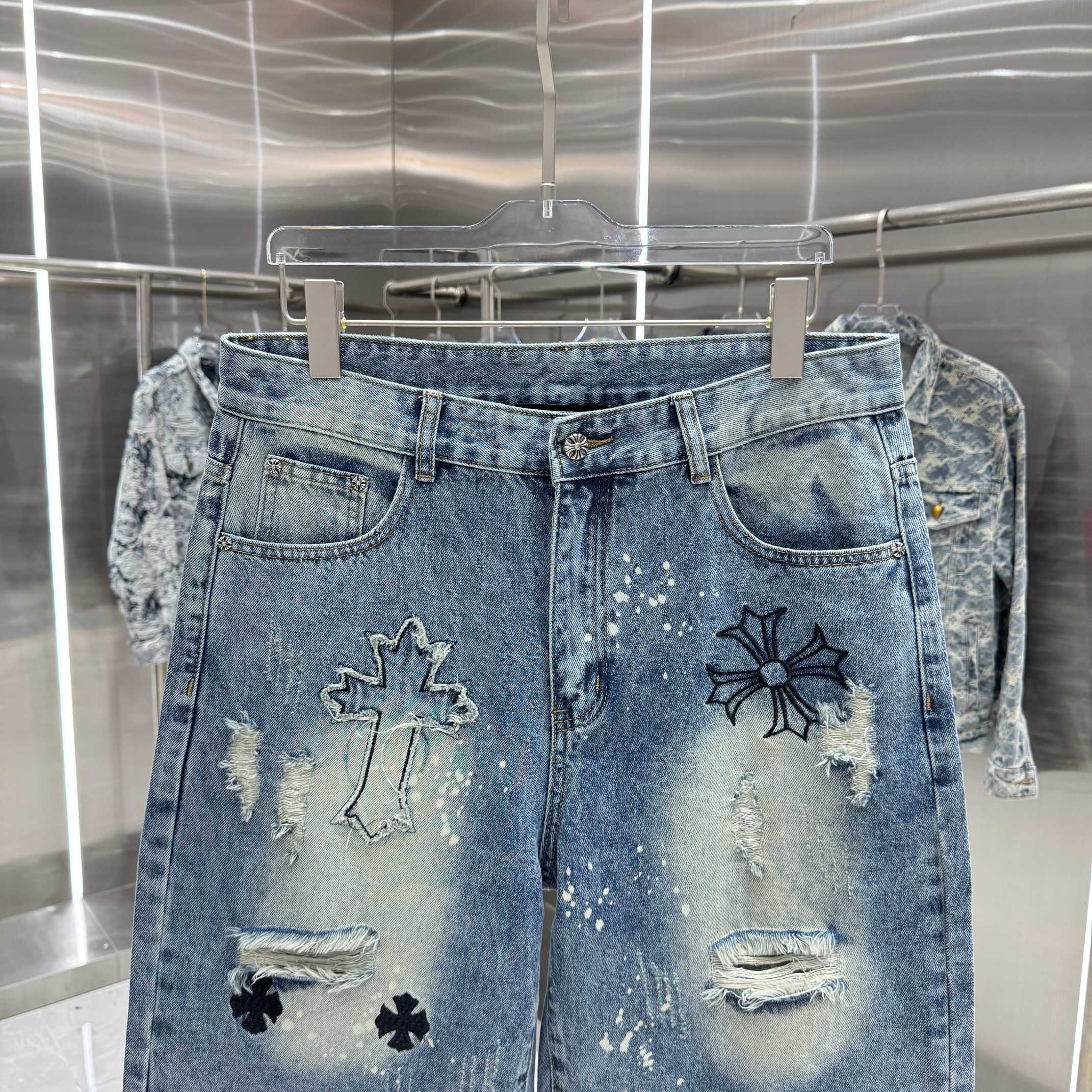Chrome Hearts 克罗心 CH 破洞涂层十字架刺绣牛仔裤短裤