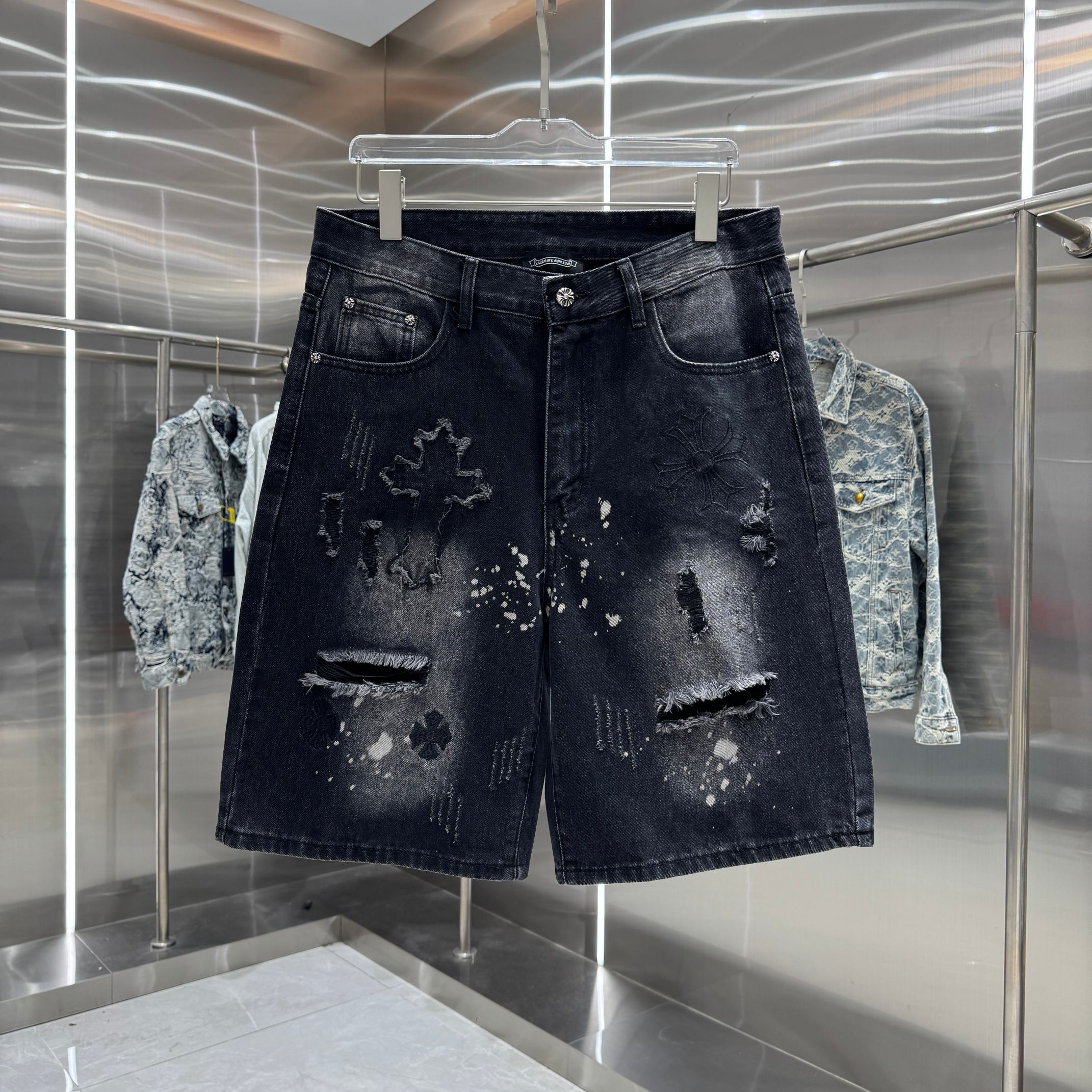 Chrome Hearts 克罗心 CH 破洞涂层十字架刺绣牛仔裤短裤
