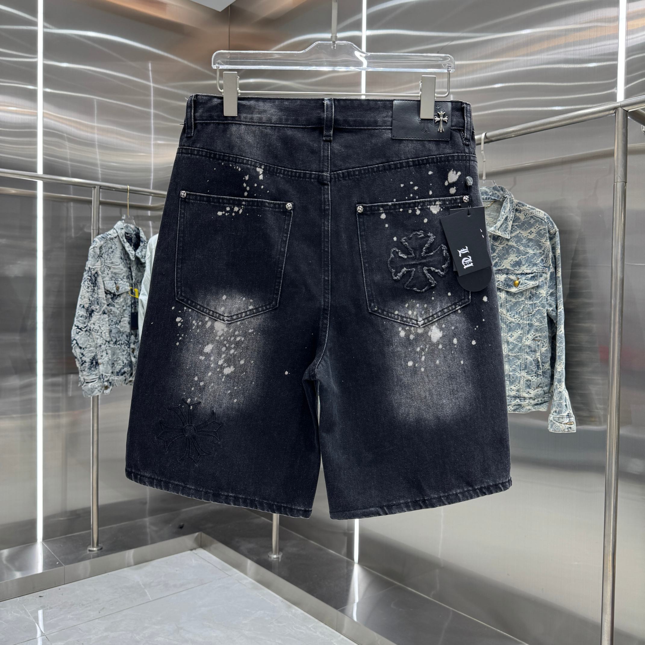 Chrome Hearts 克罗心 CH 破洞涂层十字架刺绣牛仔裤短裤