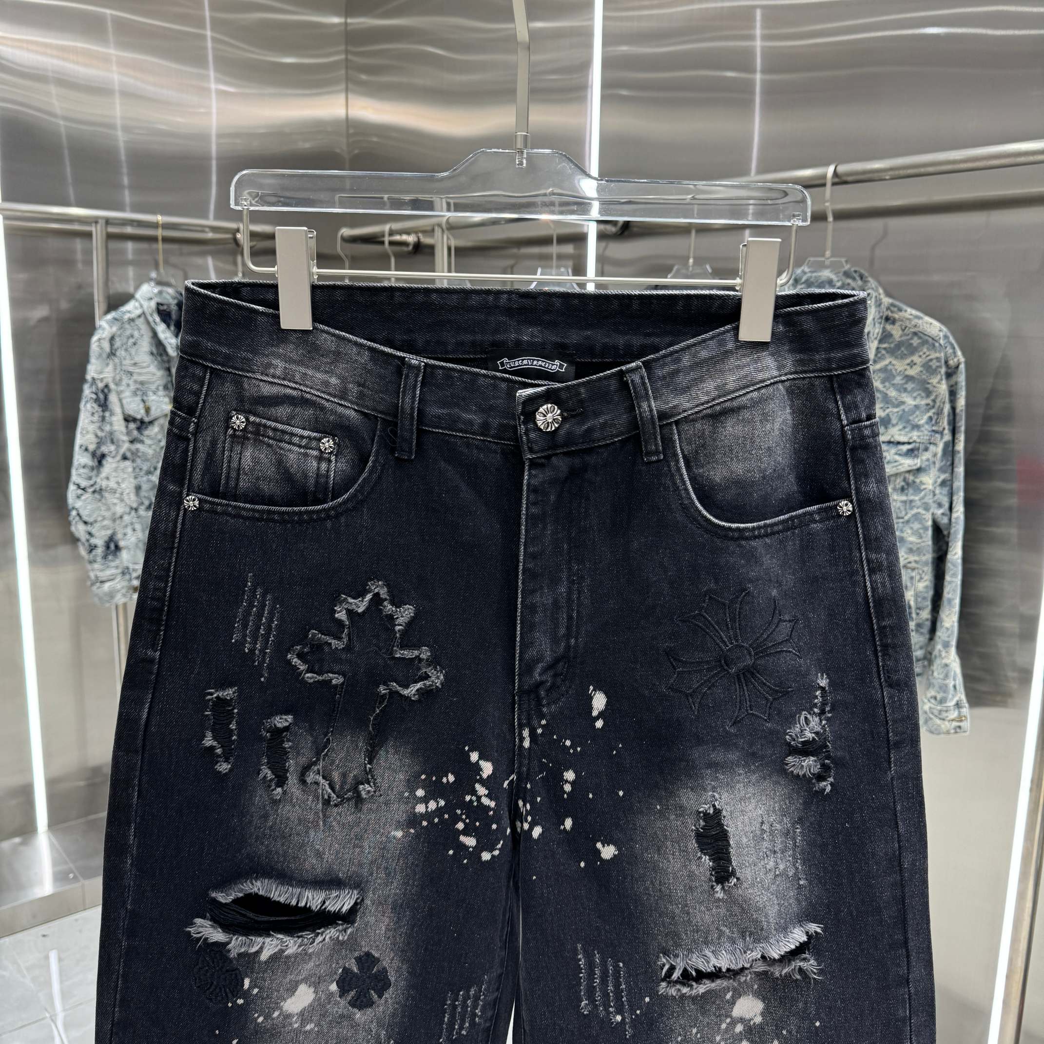 Chrome Hearts 克罗心 CH 破洞涂层十字架刺绣牛仔裤短裤