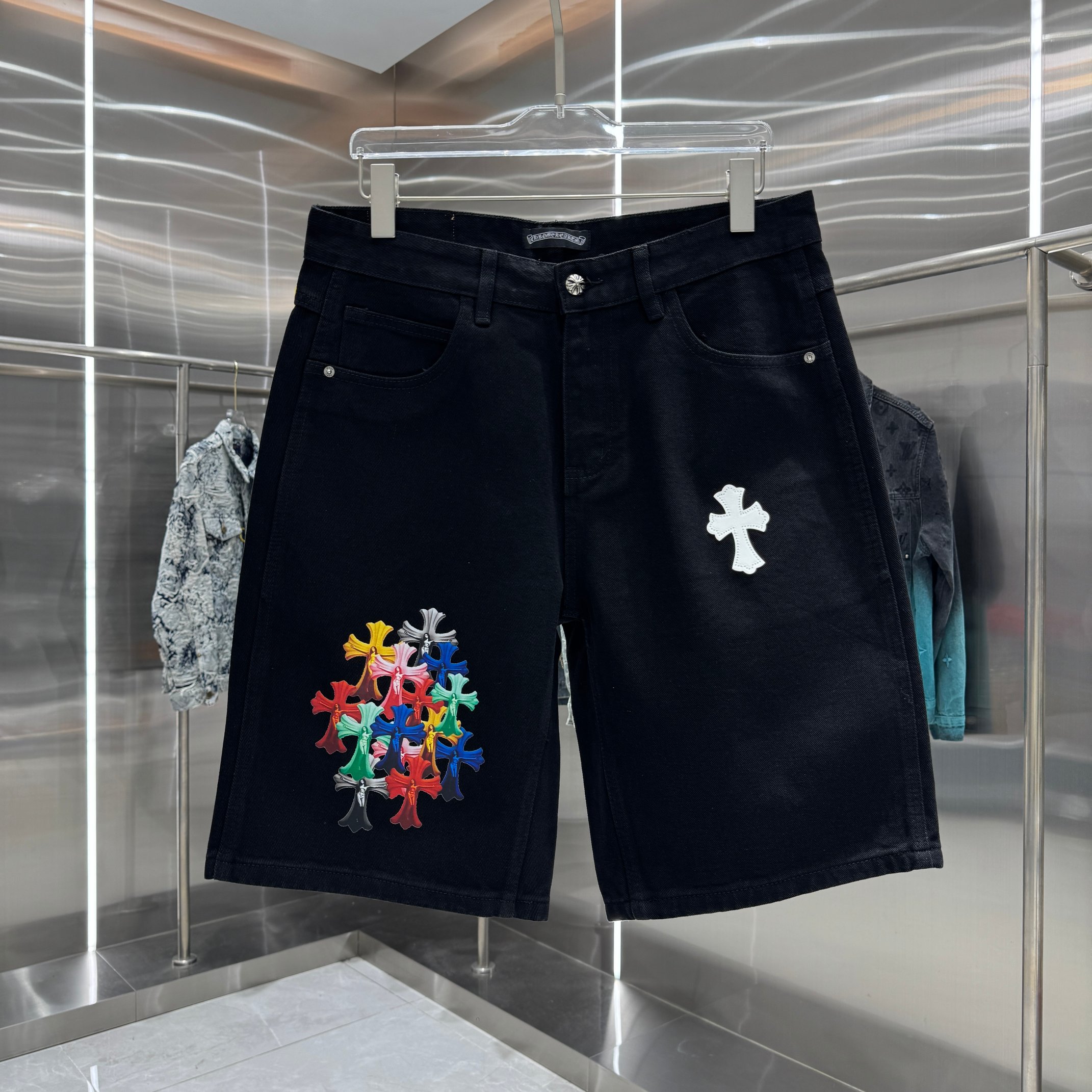 Chrome Hearts 克罗心 CH 拼皮十字架印花牛仔裤短裤