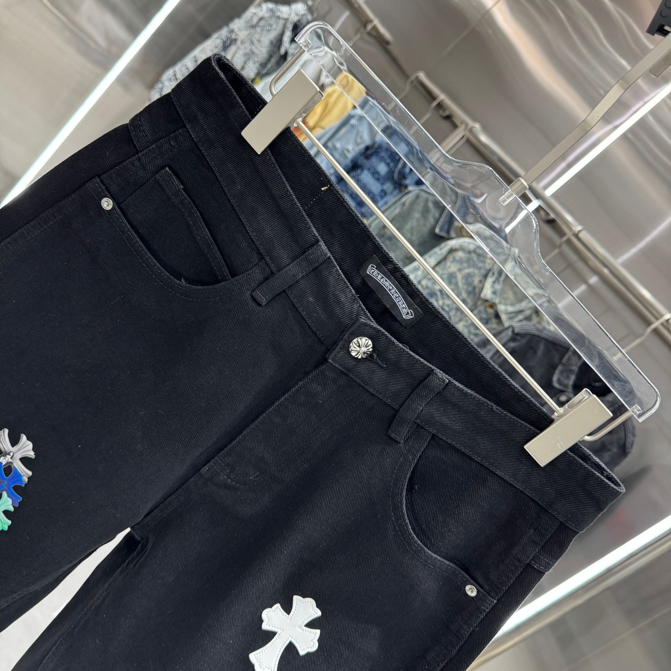 Chrome Hearts 克罗心 CH 拼皮十字架印花牛仔裤短裤