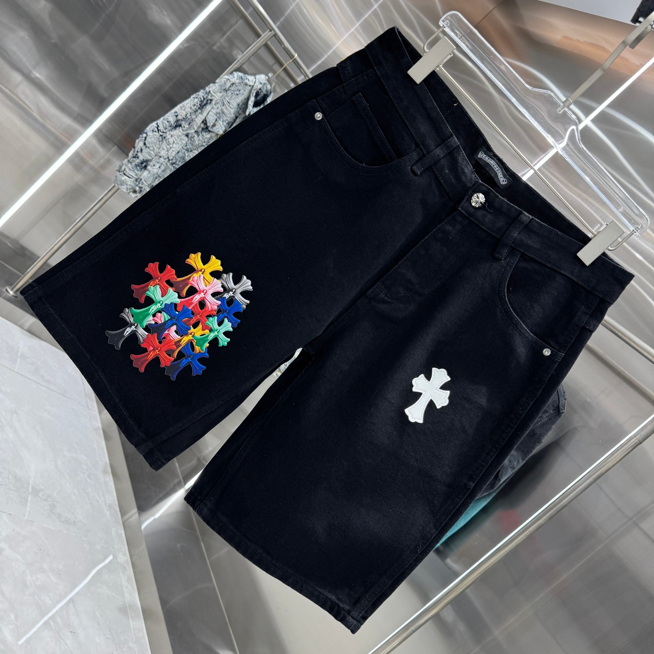 Chrome Hearts 克罗心 CH 拼皮十字架印花牛仔裤短裤