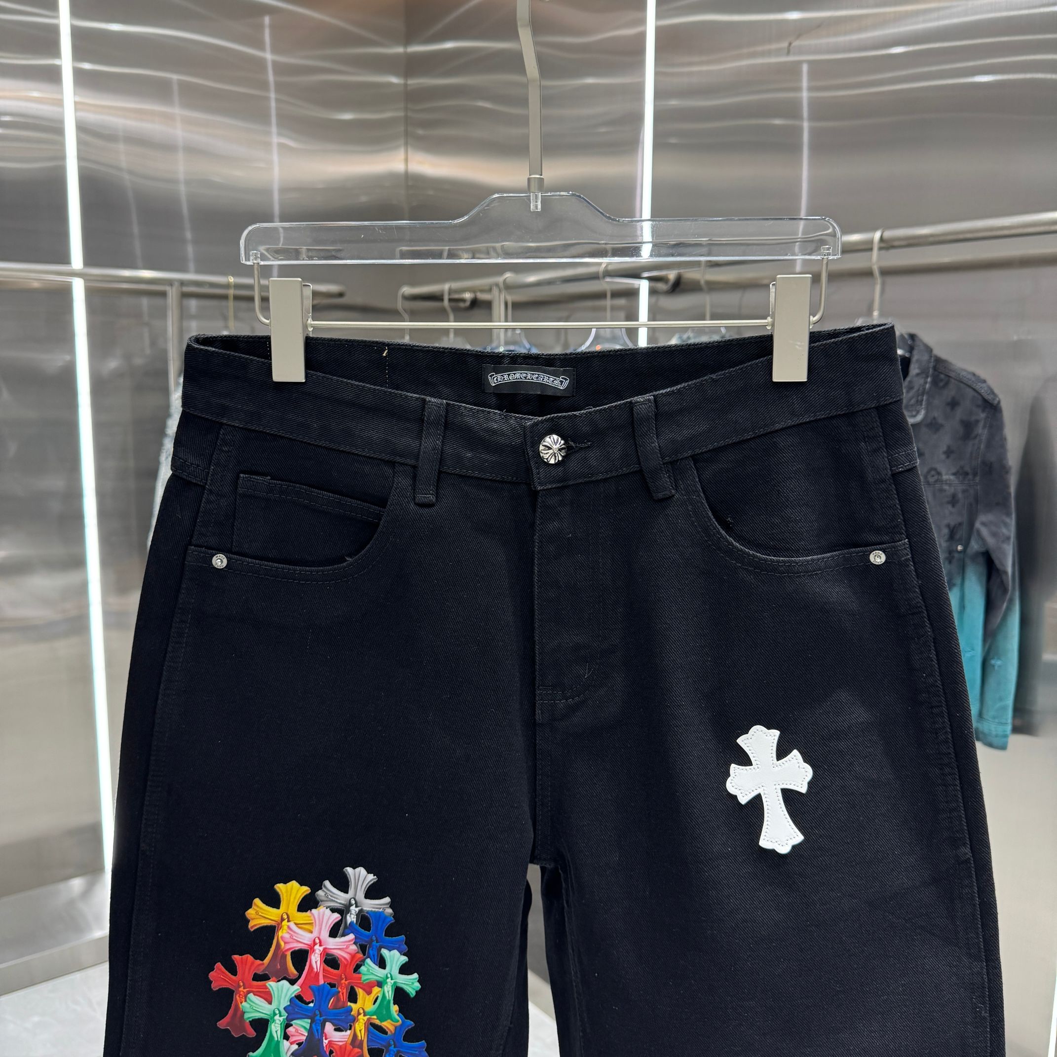 Chrome Hearts 克罗心 CH 拼皮十字架印花牛仔裤短裤