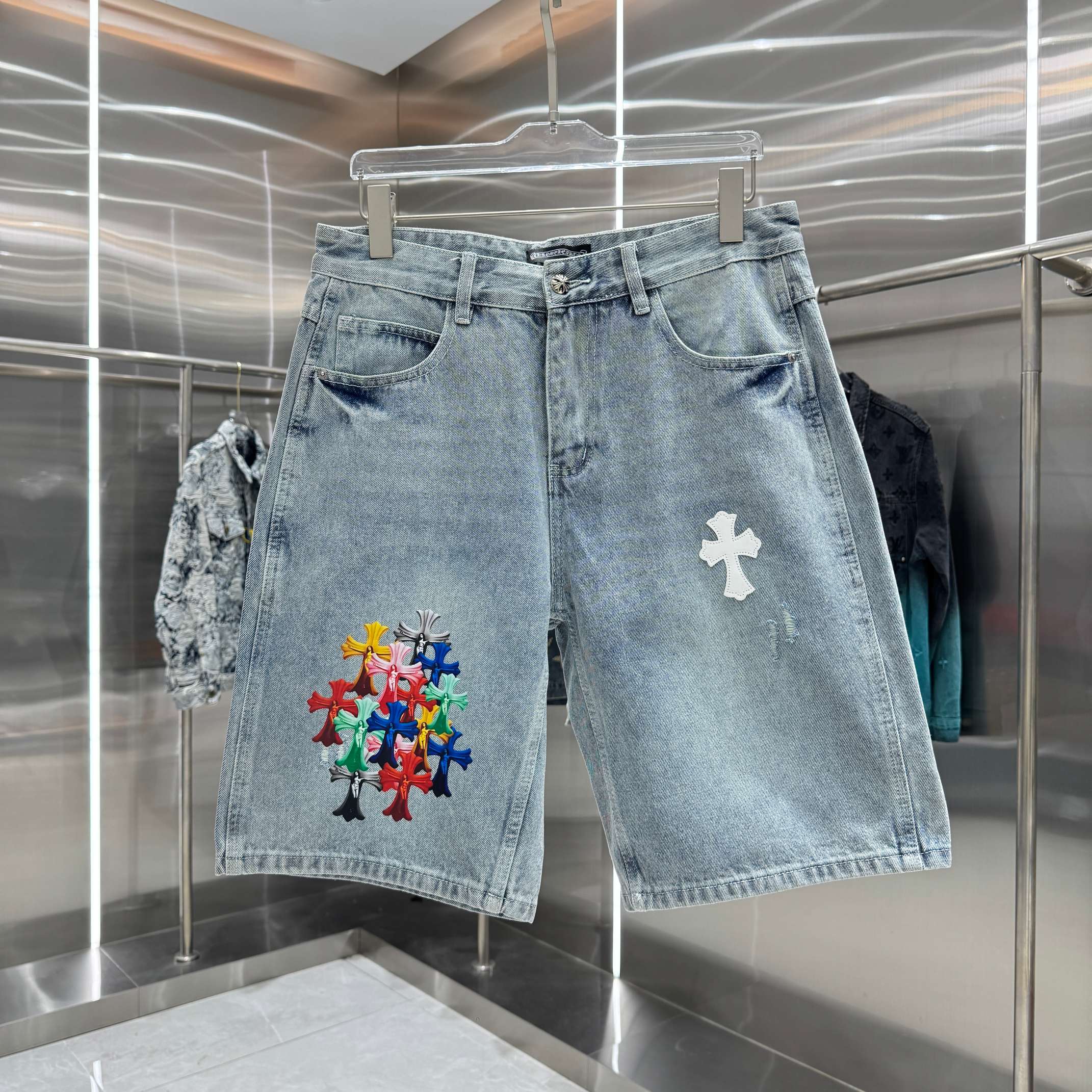 Chrome Hearts 克罗心 CH 拼皮十字架印花牛仔裤短裤