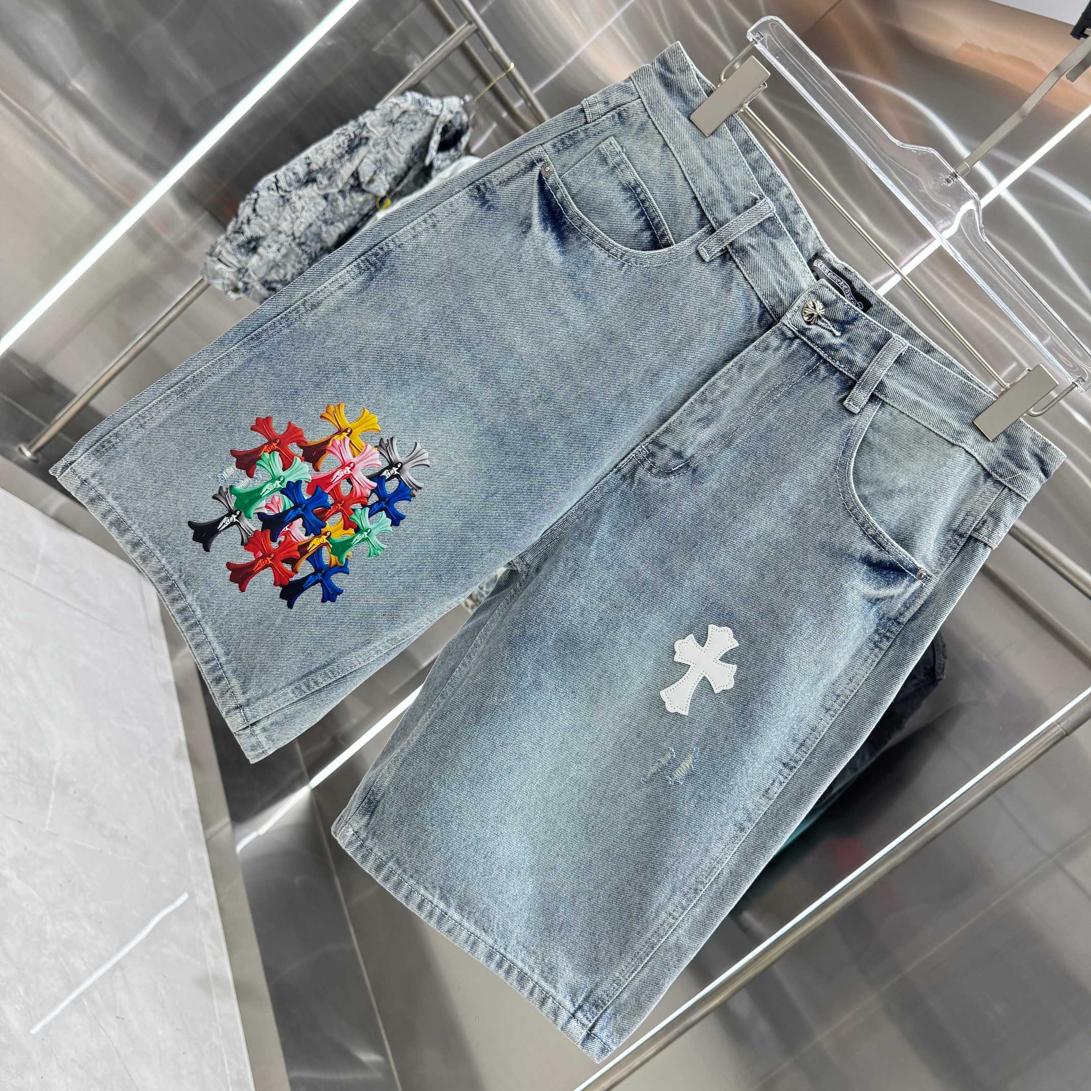 Chrome Hearts 克罗心 CH 拼皮十字架印花牛仔裤短裤