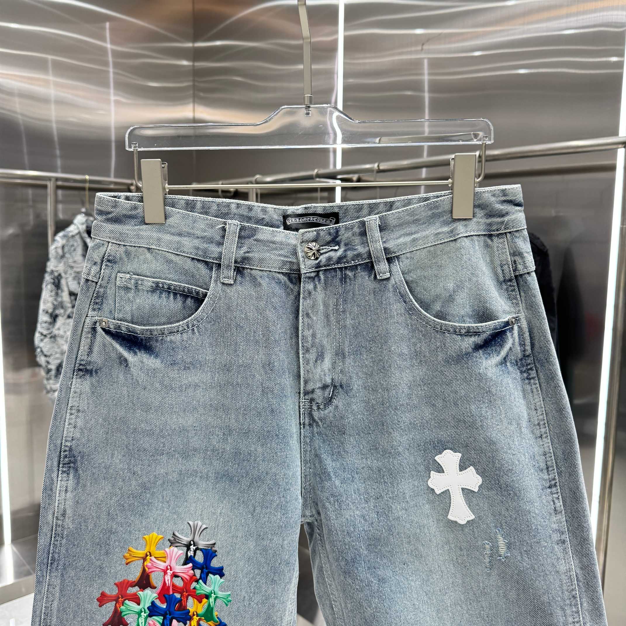 Chrome Hearts 克罗心 CH 拼皮十字架印花牛仔裤短裤