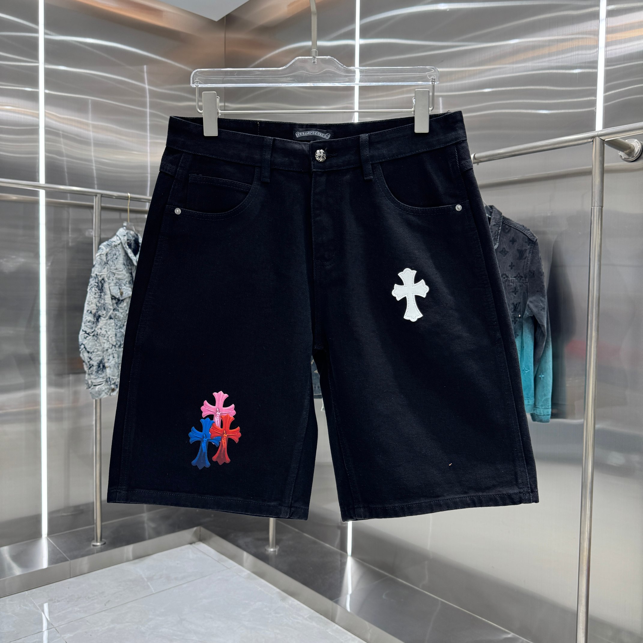 Chrome Hearts 克罗心 CH 拼皮十字架印花牛仔裤短裤