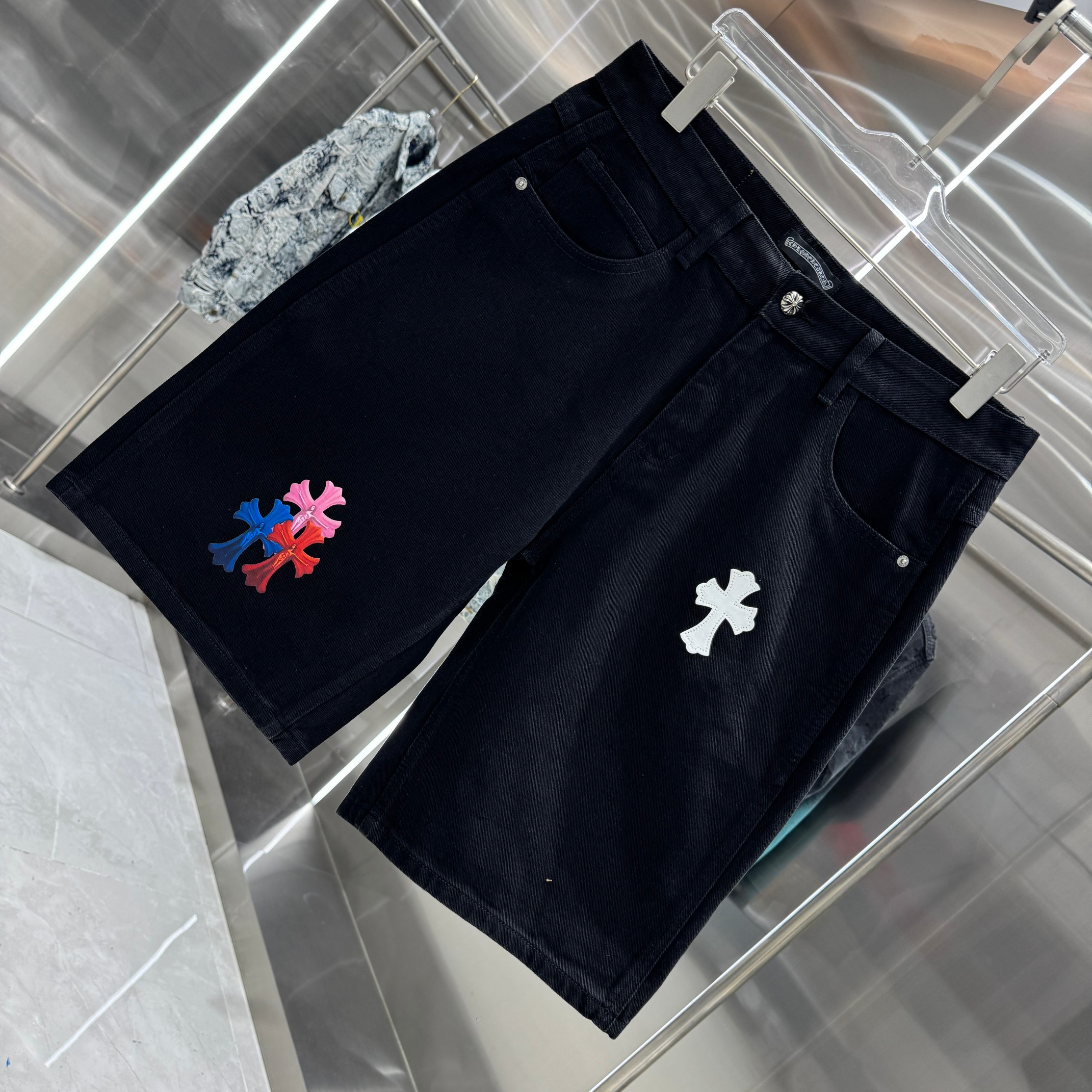 Chrome Hearts 克罗心 CH 拼皮十字架印花牛仔裤短裤