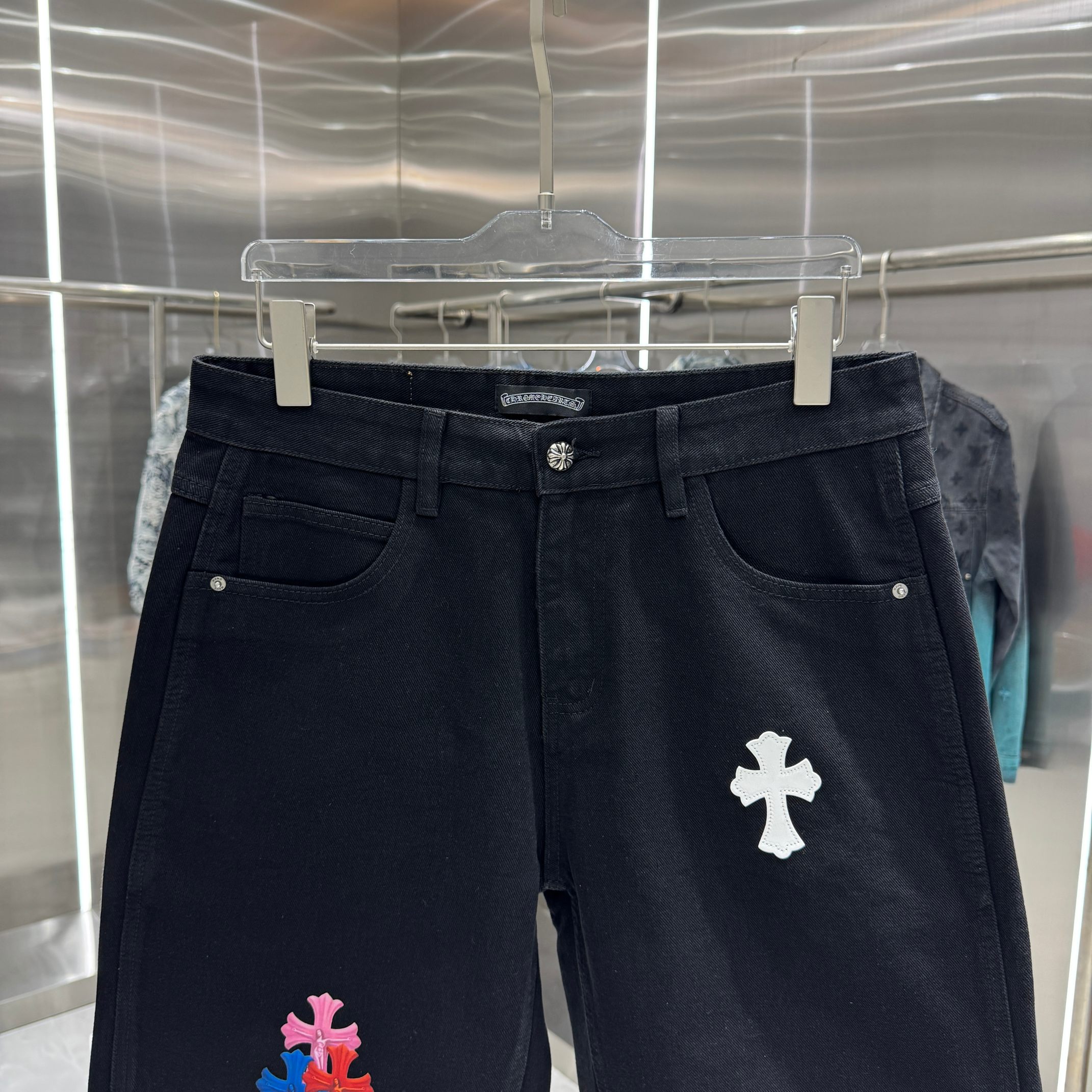 Chrome Hearts 克罗心 CH 拼皮十字架印花牛仔裤短裤