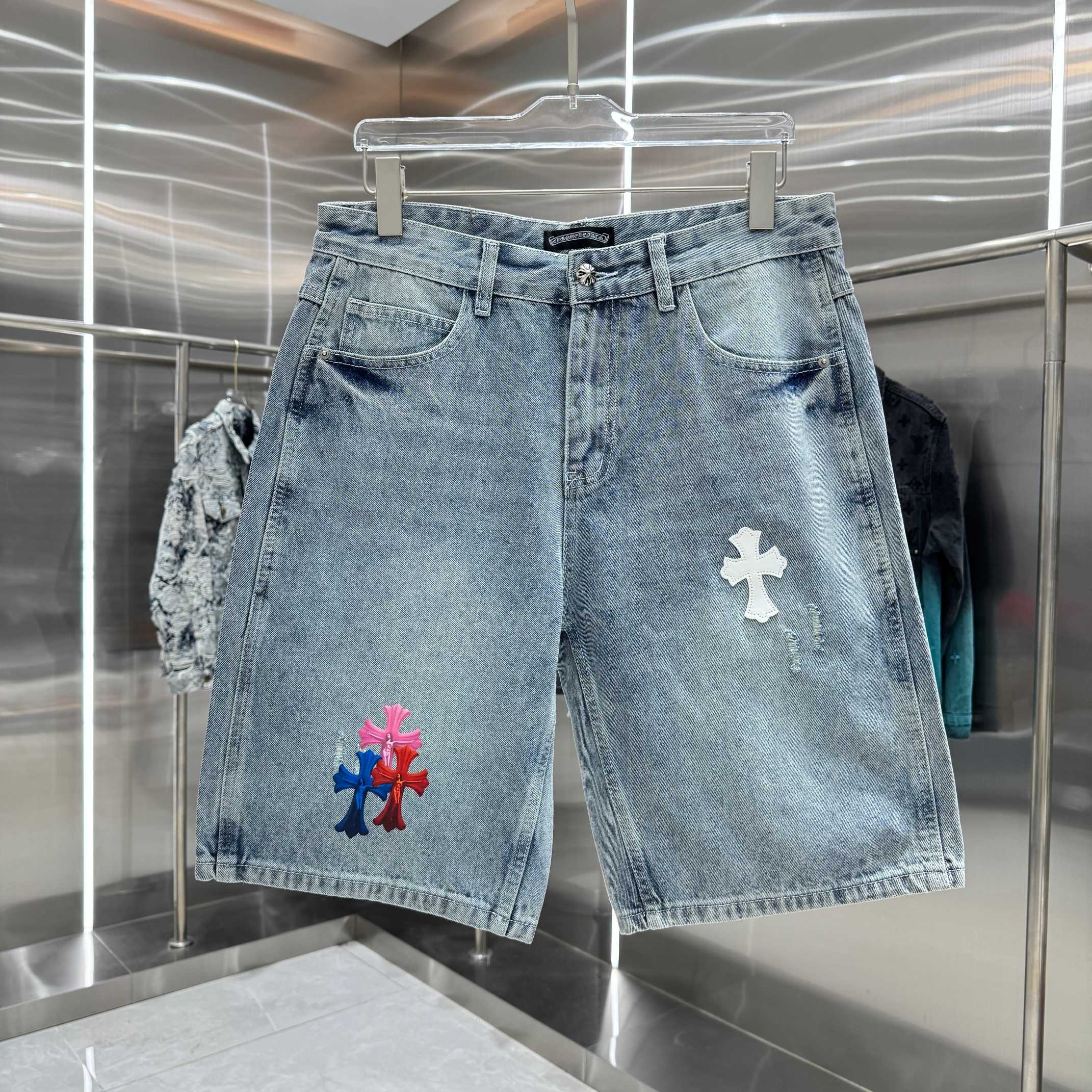 Chrome Hearts 克罗心 CH 拼皮十字架印花牛仔裤短裤