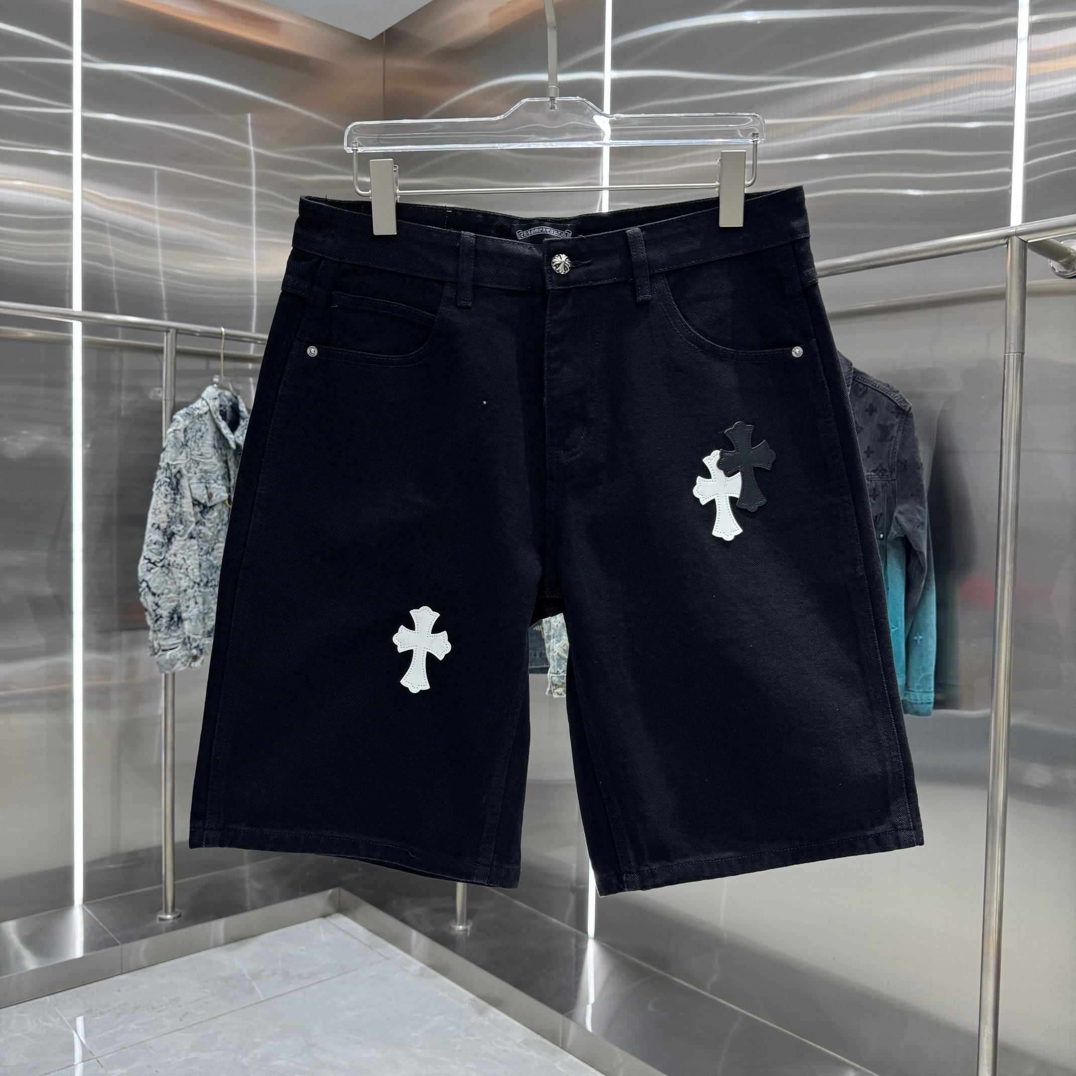 Chrome Hearts 克罗心 CH 拼皮十字架牛仔裤短裤
