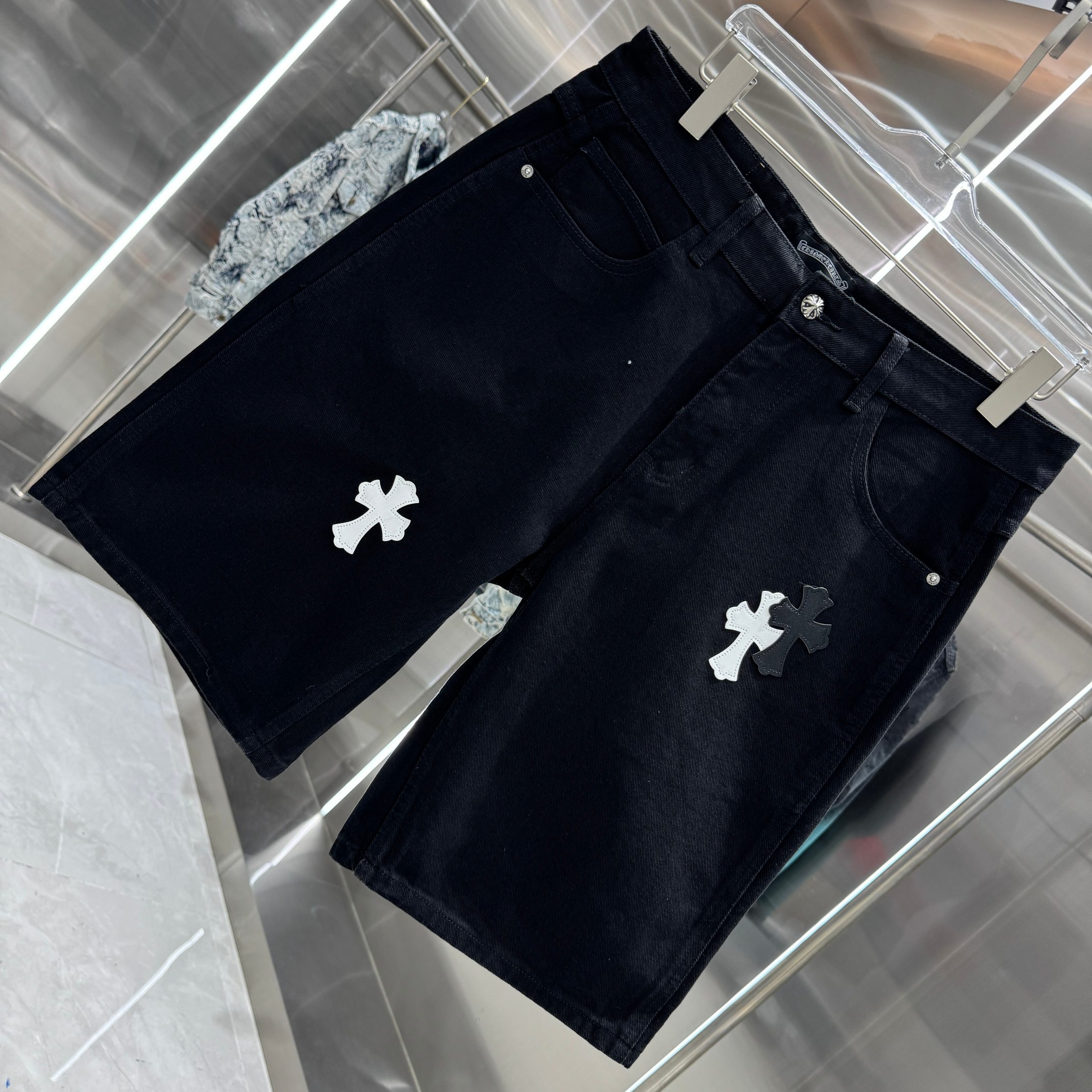 Chrome Hearts 克罗心 CH 拼皮十字架牛仔裤短裤