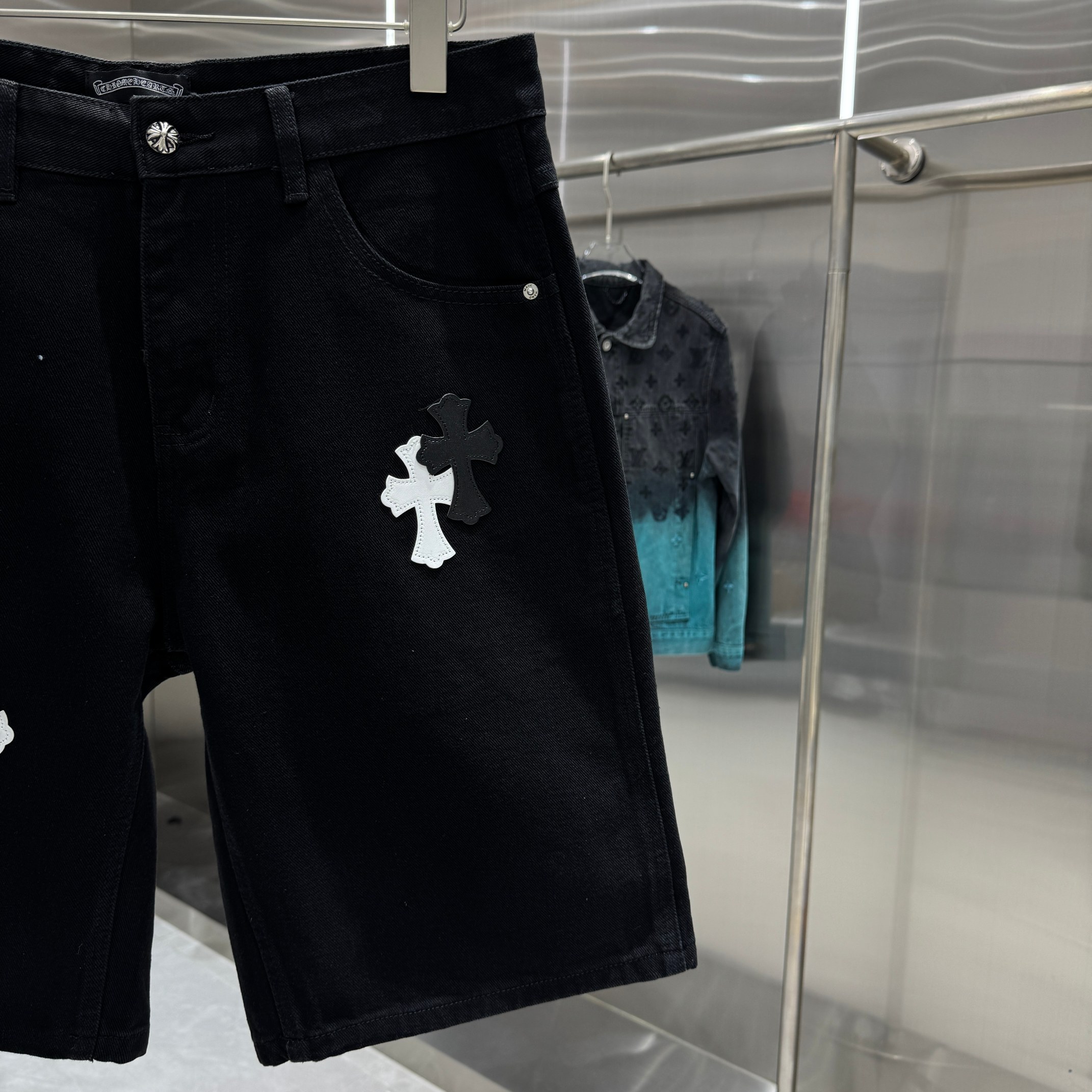 Chrome Hearts 克罗心 CH 拼皮十字架牛仔裤短裤