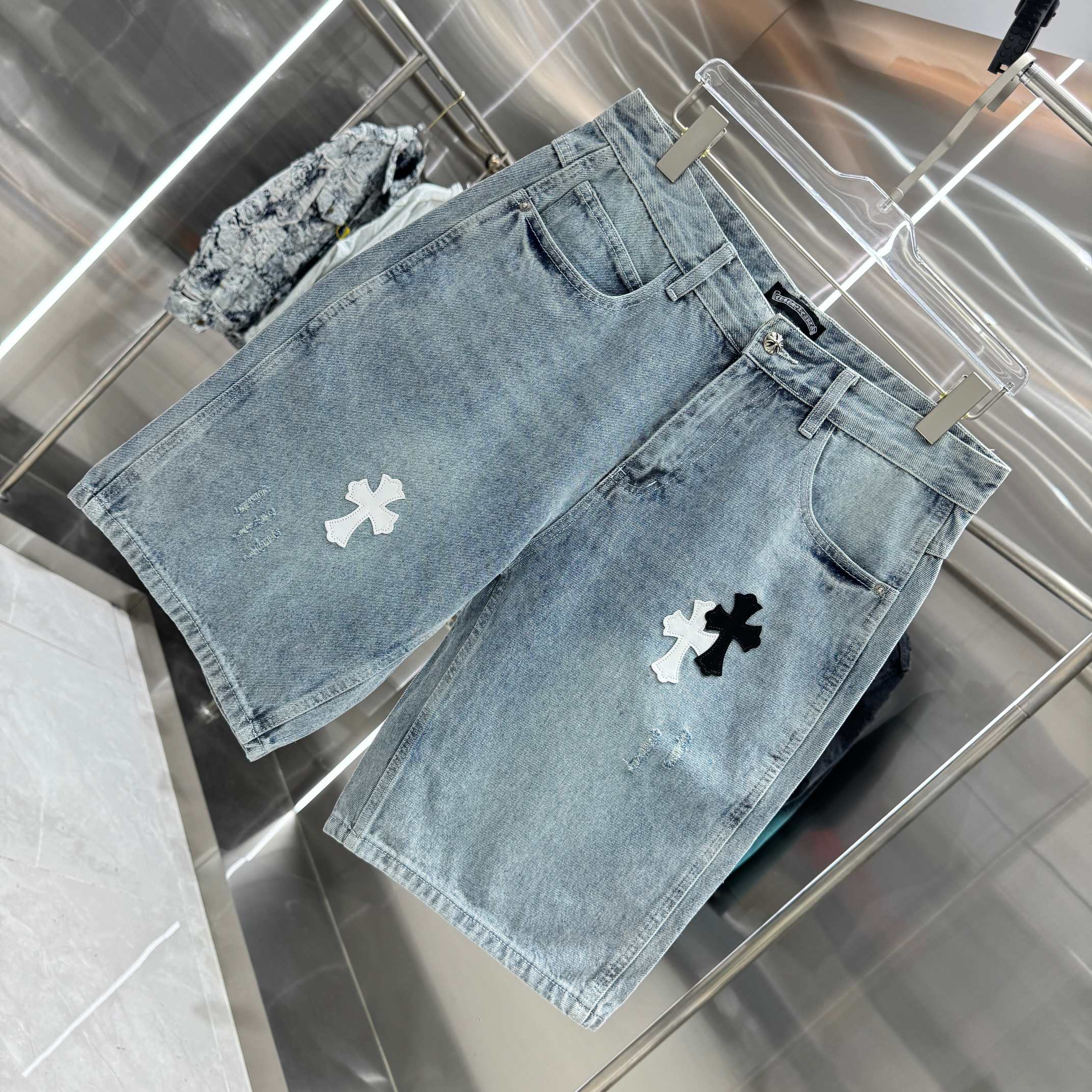 Chrome Hearts 克罗心 CH 拼皮十字架牛仔裤短裤