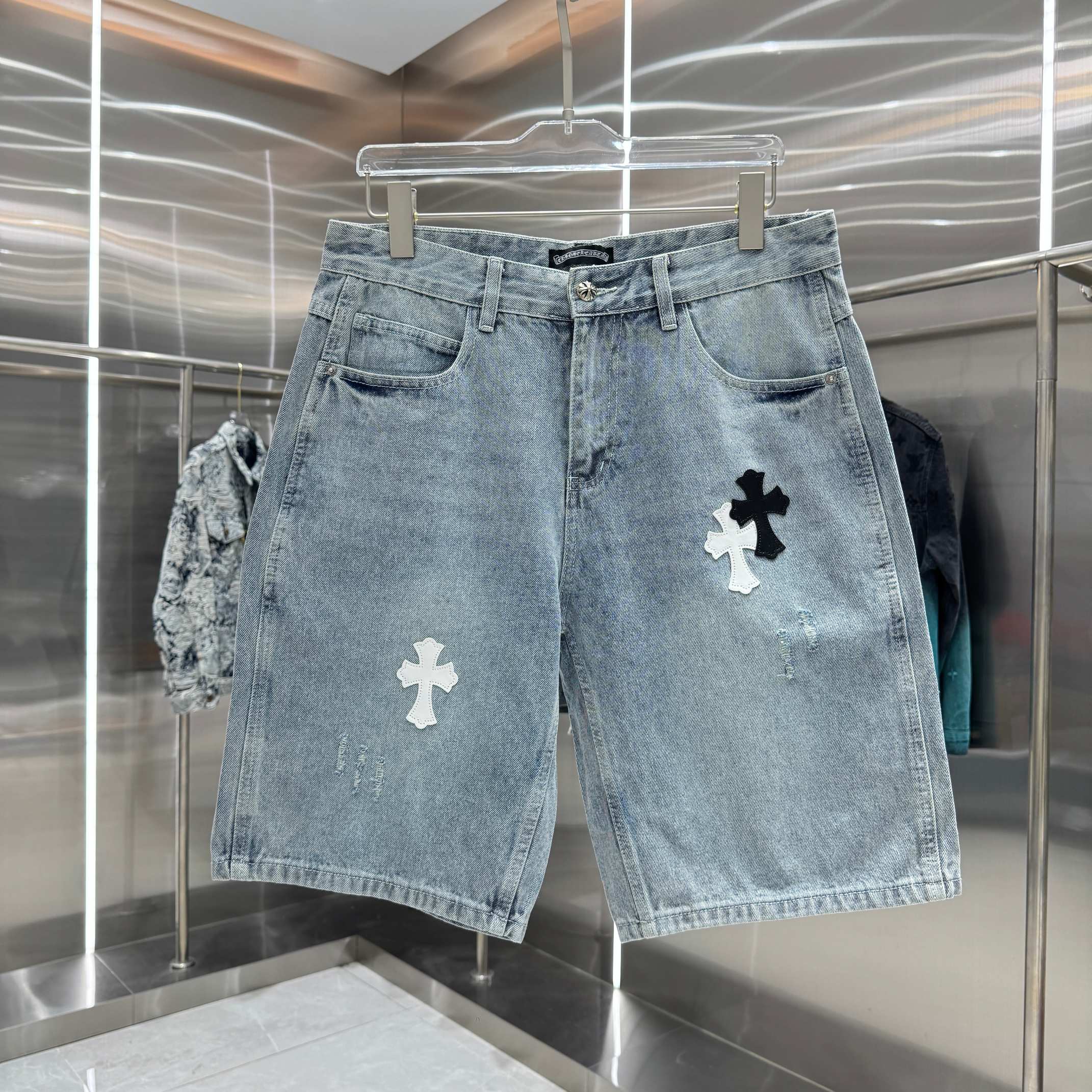 Chrome Hearts 克罗心 CH 拼皮十字架牛仔裤短裤