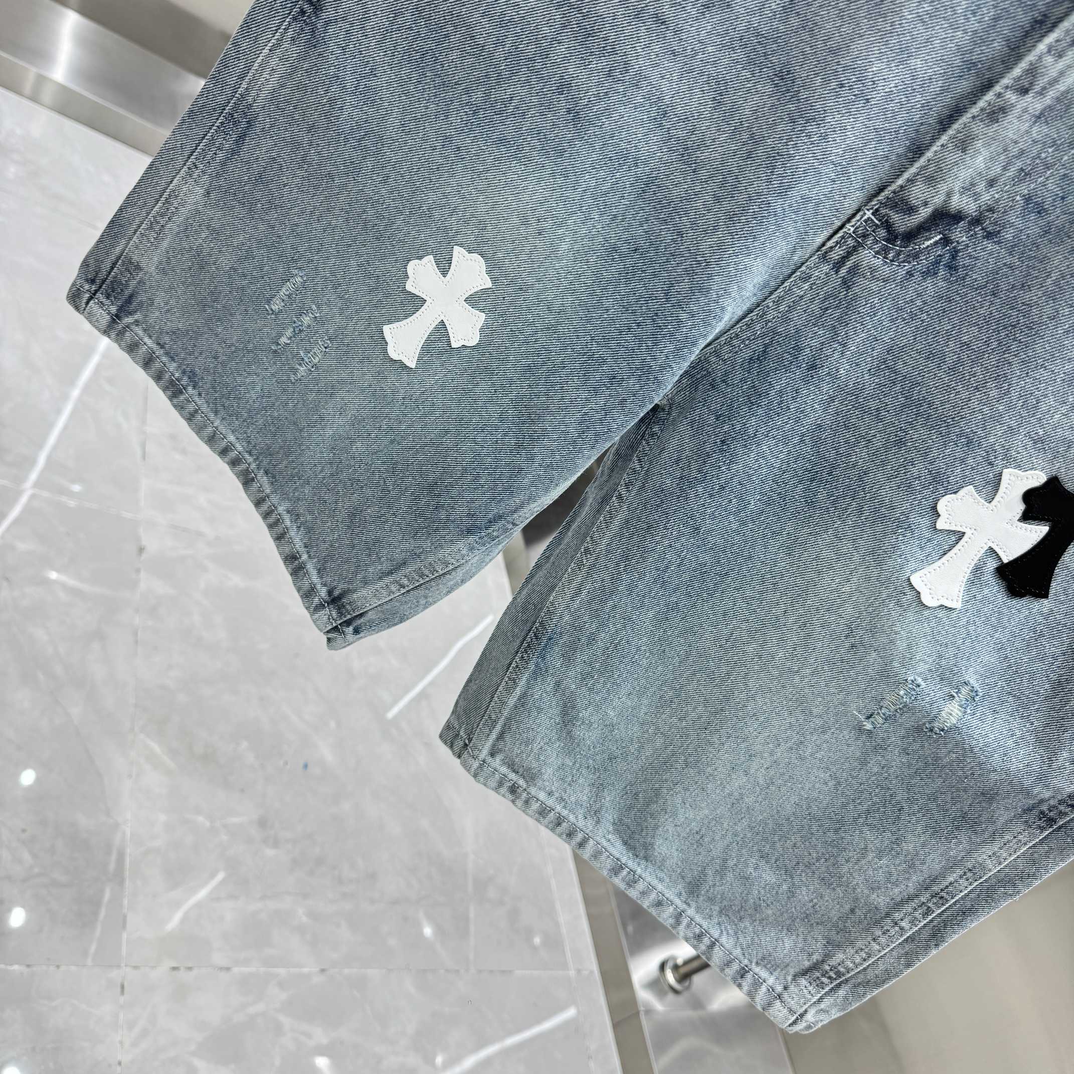 Chrome Hearts 克罗心 CH 拼皮十字架牛仔裤短裤