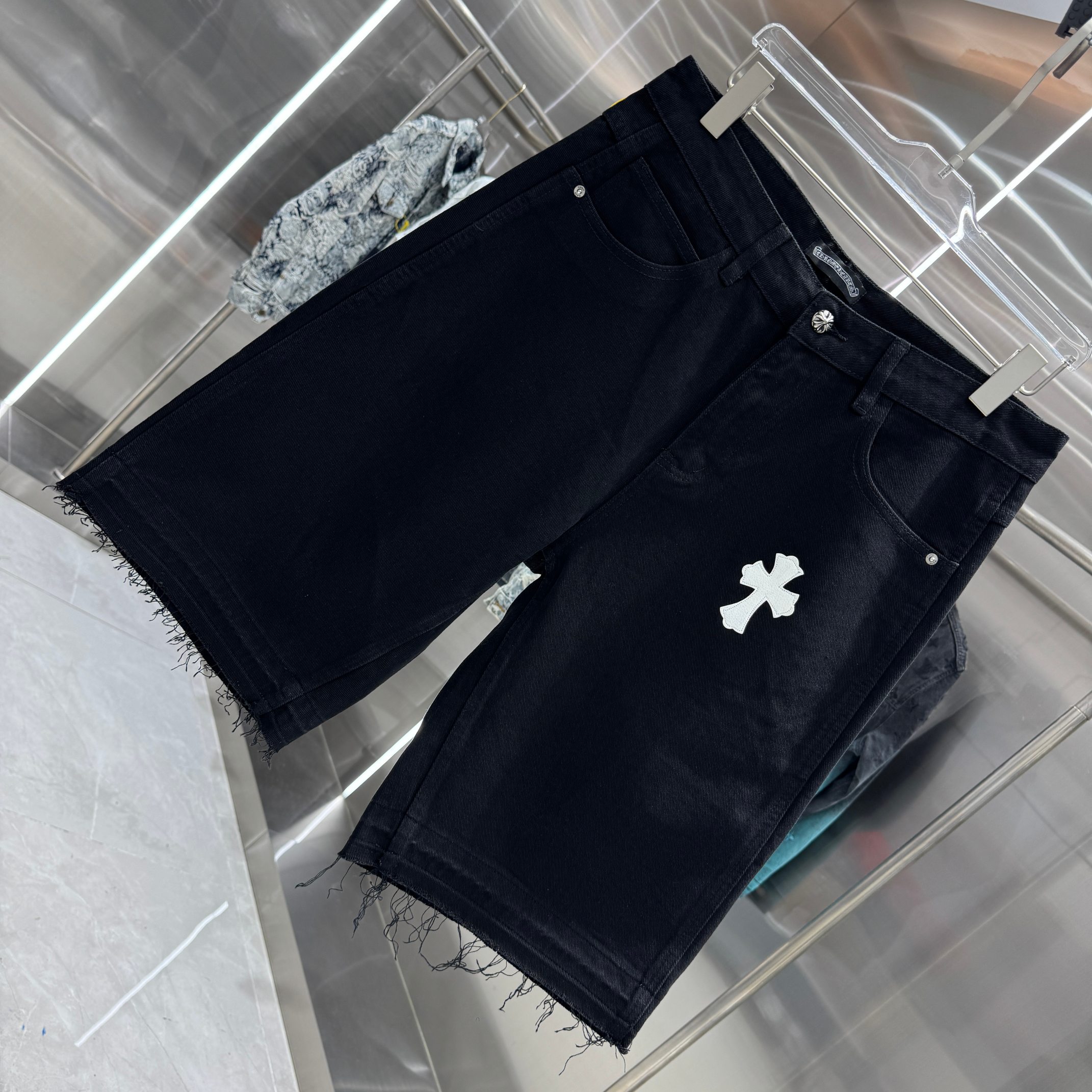 Chrome Hearts 克罗心 CH 十字架拼皮牛仔裤短裤