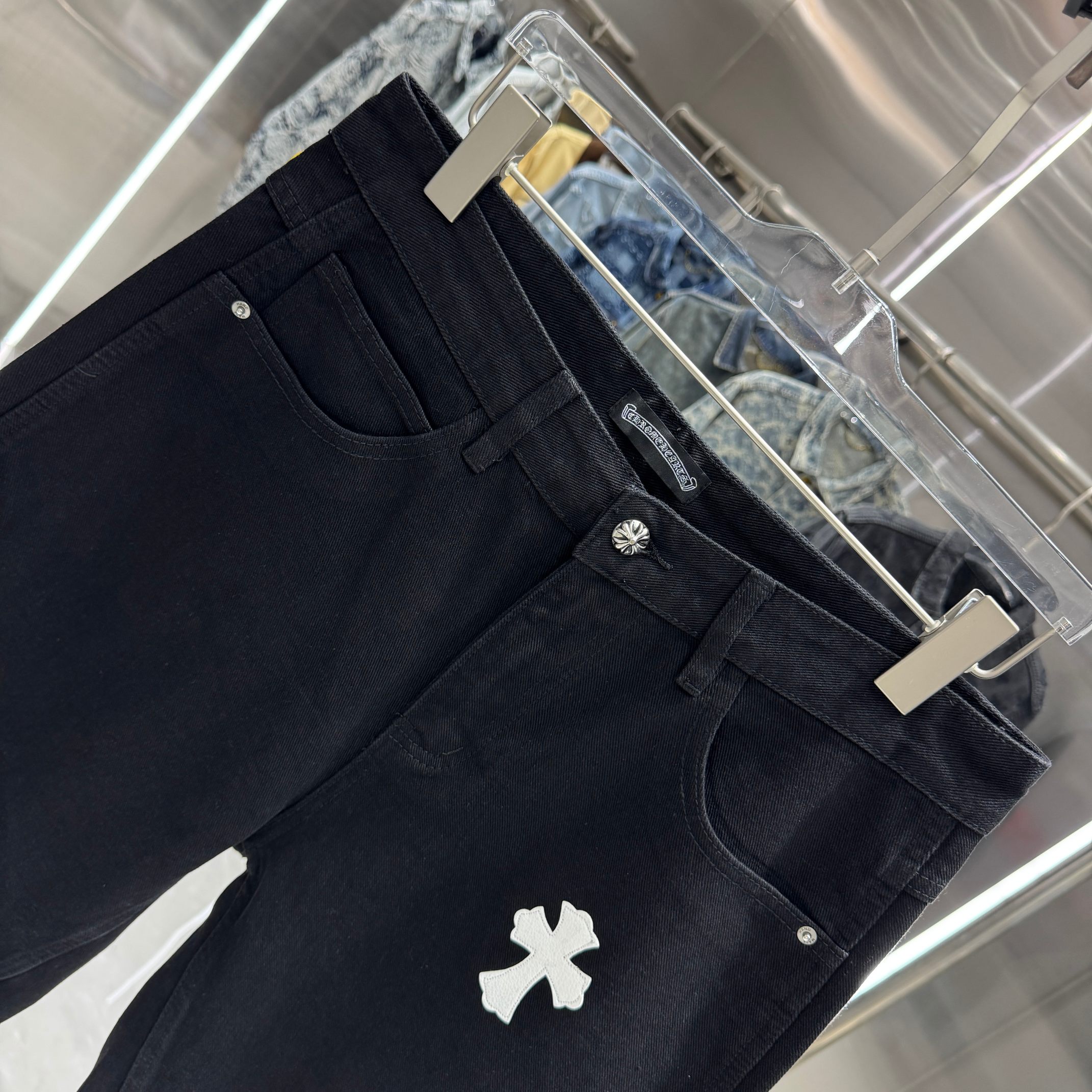 Chrome Hearts 克罗心 CH 十字架拼皮牛仔裤短裤