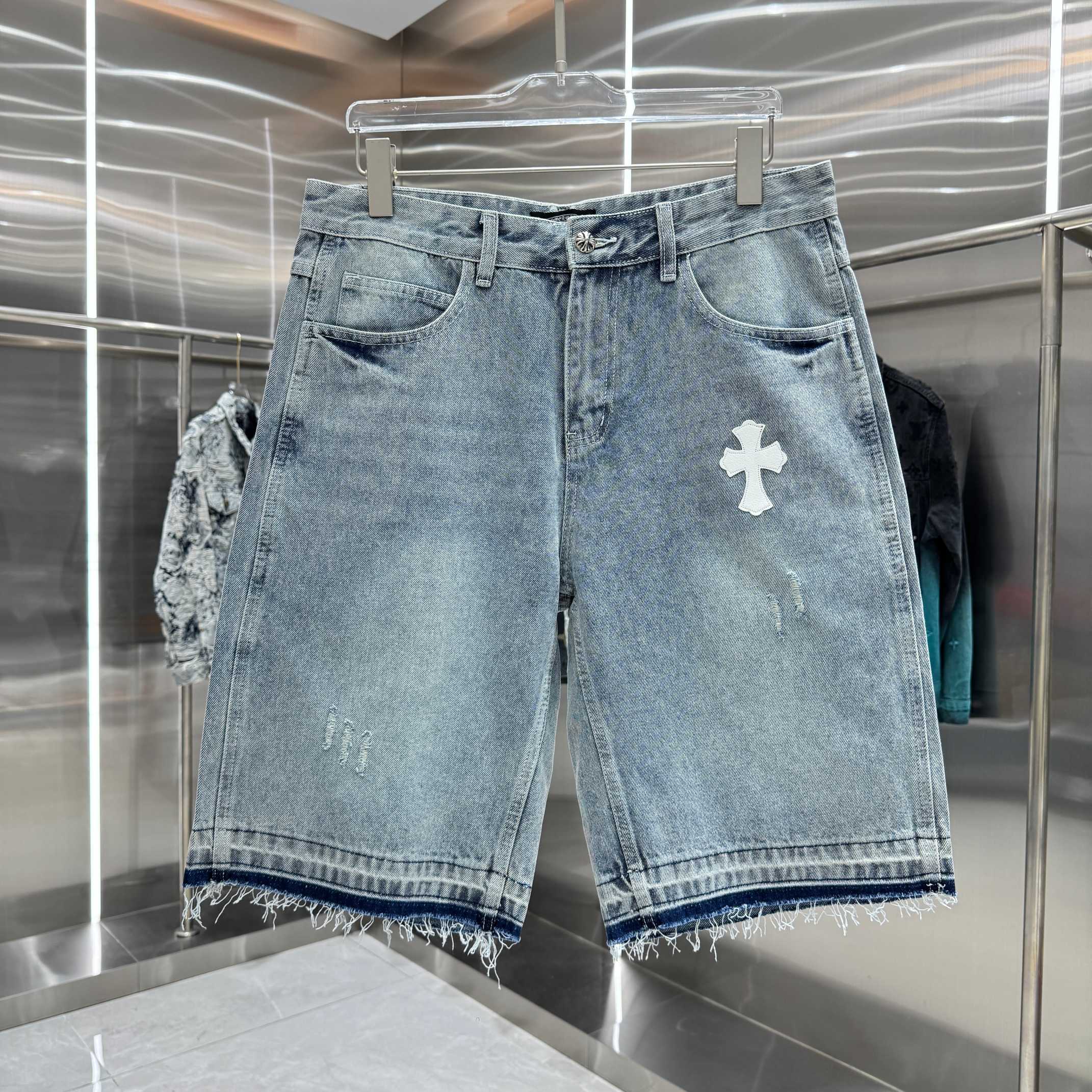 Chrome Hearts 克罗心 CH 十字架拼皮牛仔裤短裤