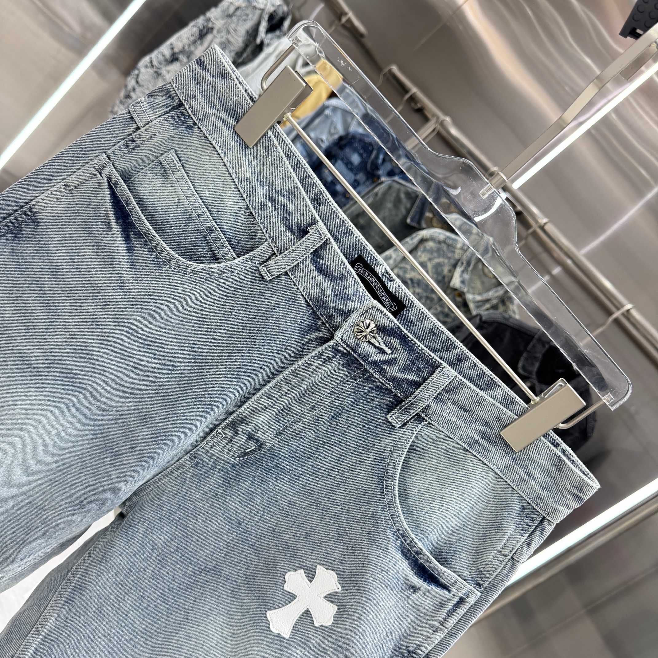 Chrome Hearts 克罗心 CH 十字架拼皮牛仔裤短裤