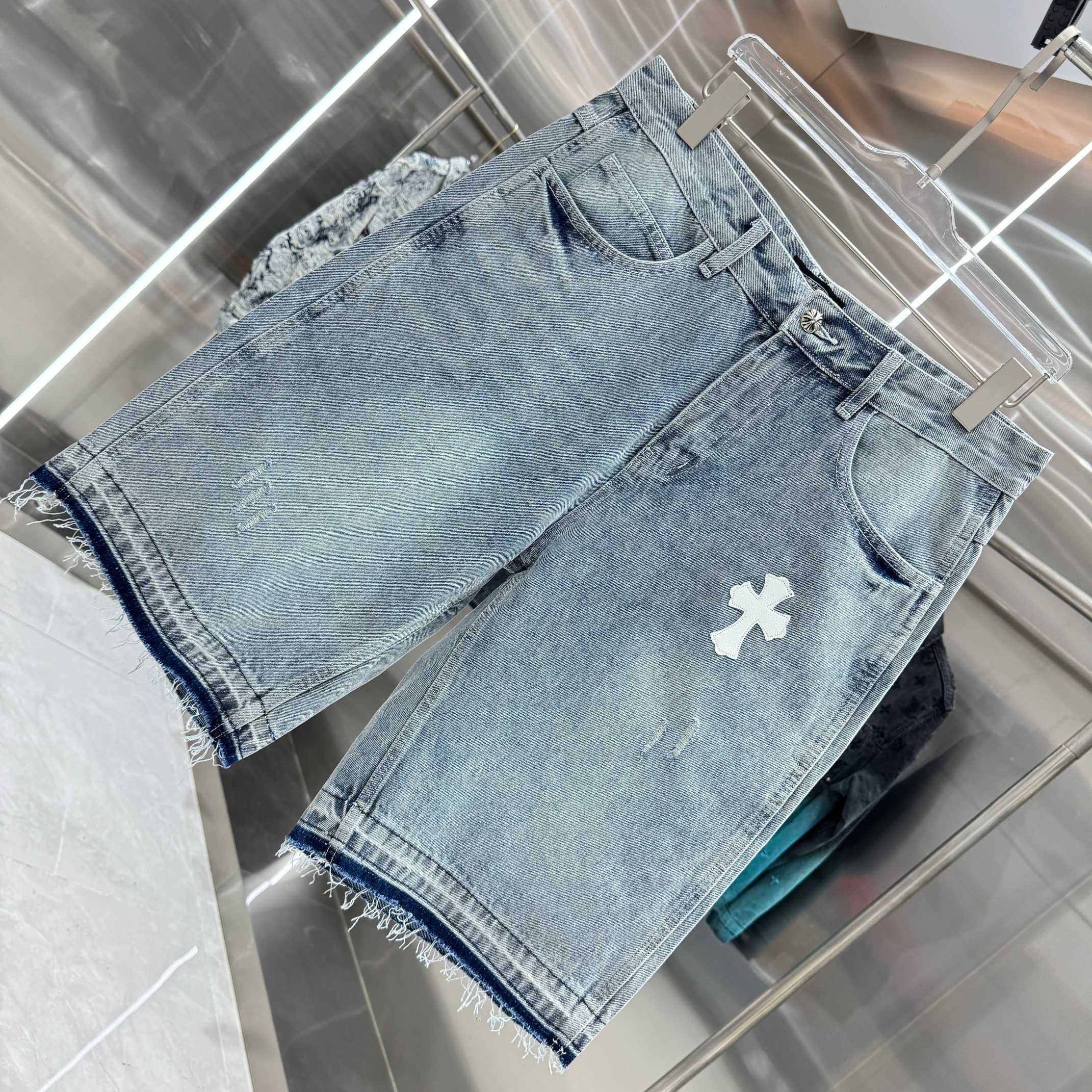 Chrome Hearts 克罗心 CH 十字架拼皮牛仔裤短裤