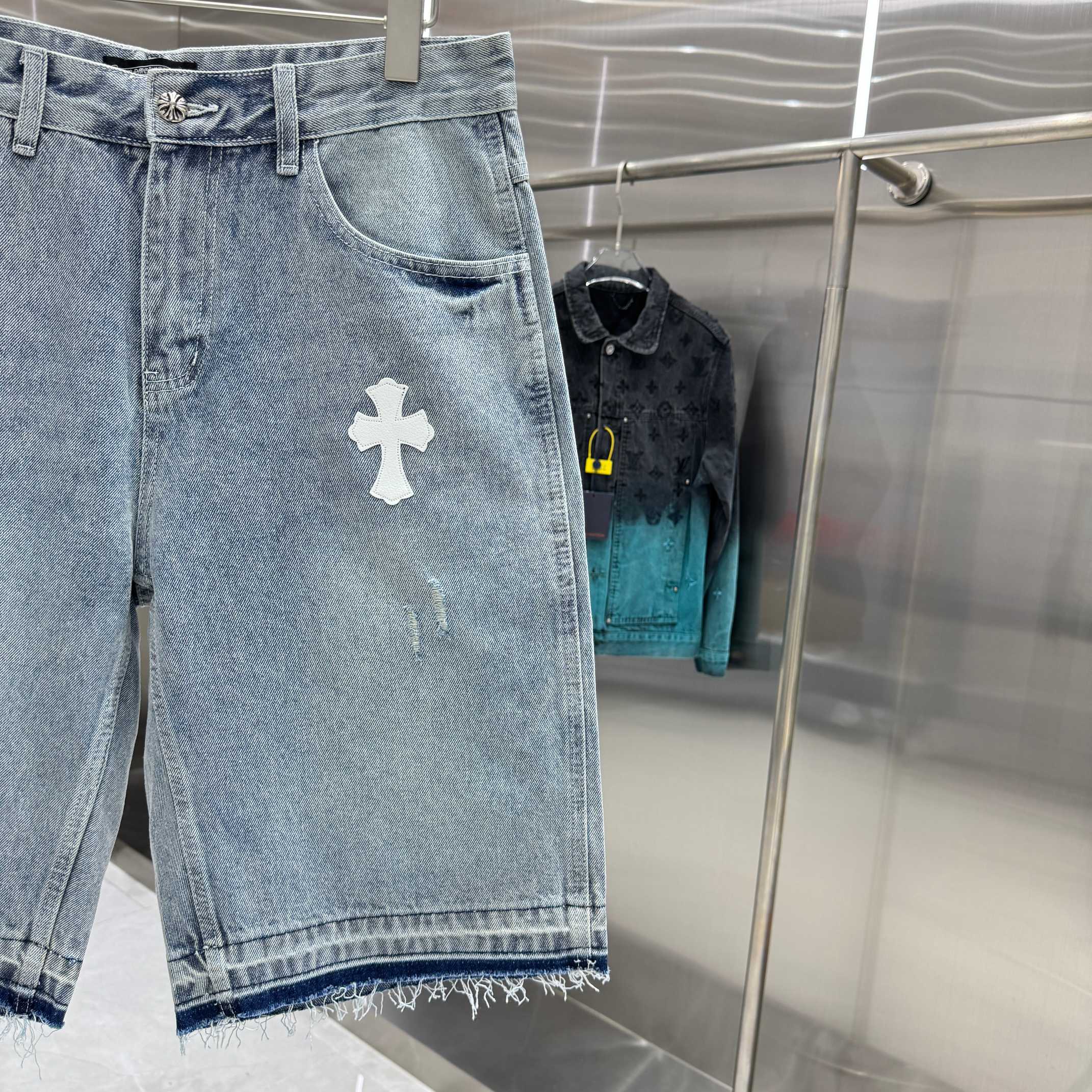 Chrome Hearts 克罗心 CH 十字架拼皮牛仔裤短裤