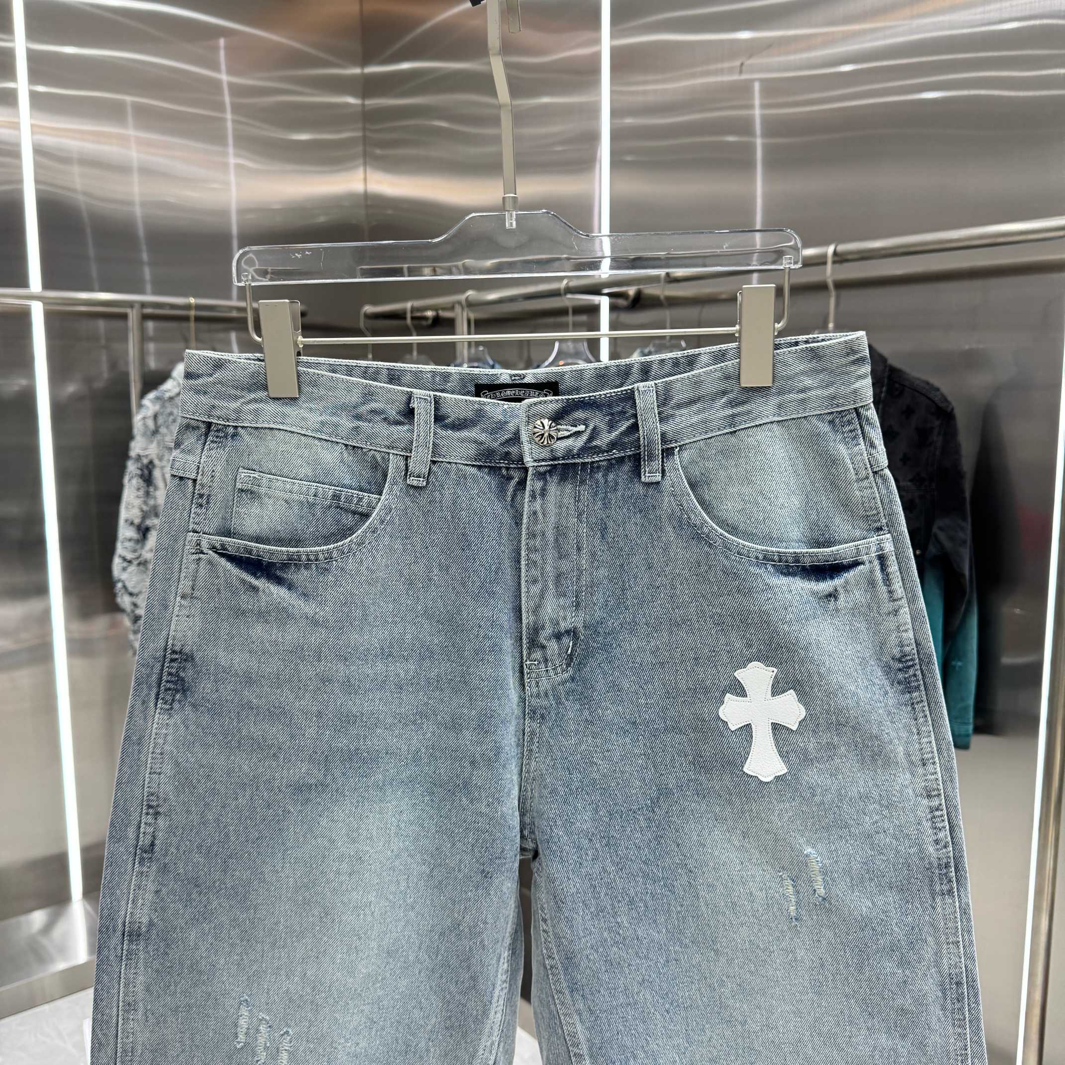 Chrome Hearts 克罗心 CH 十字架拼皮牛仔裤短裤