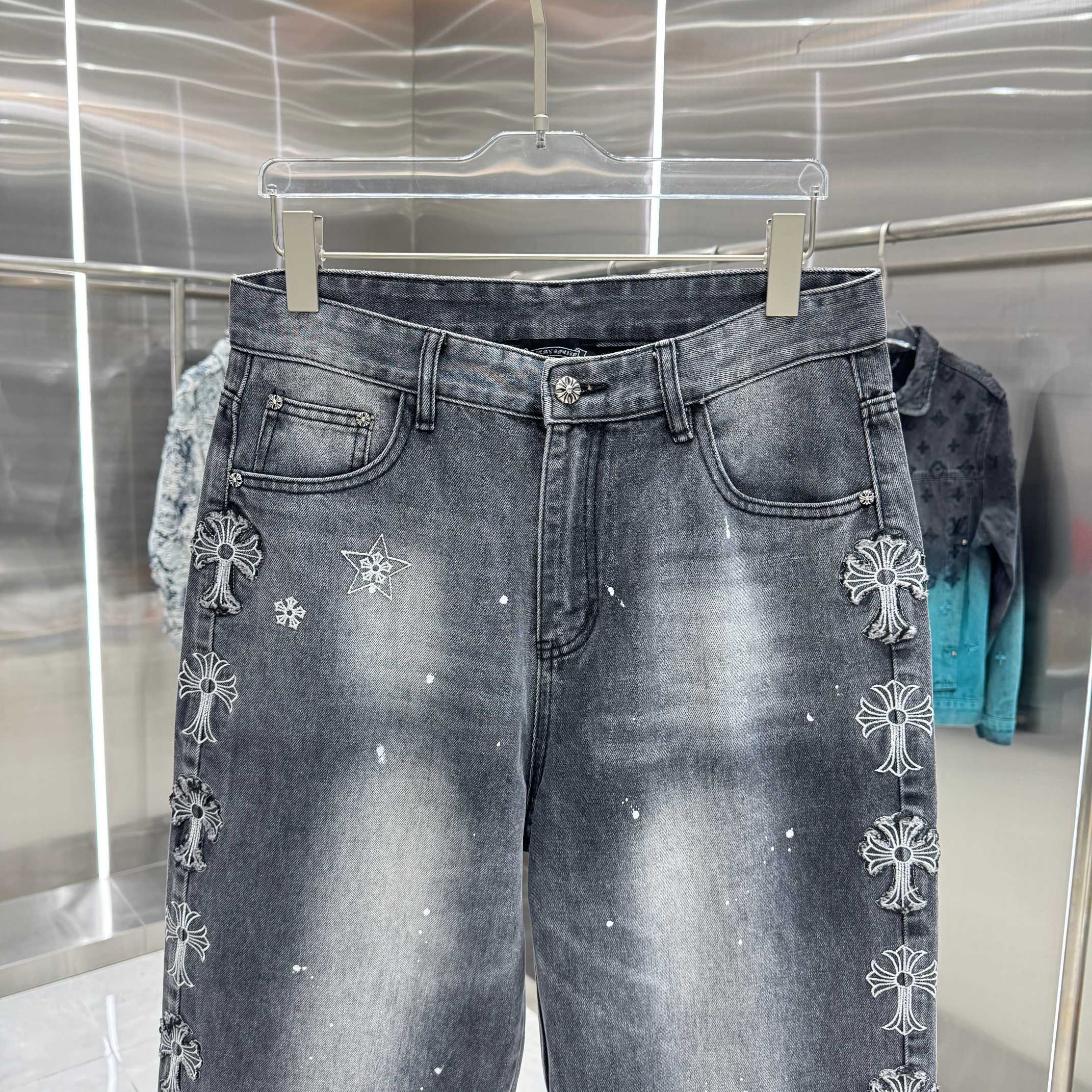 Chrome Hearts 克罗心 CH 重工涂层十字架刺绣牛仔裤面料纱定加密粗左斜纹牛仔布长裤