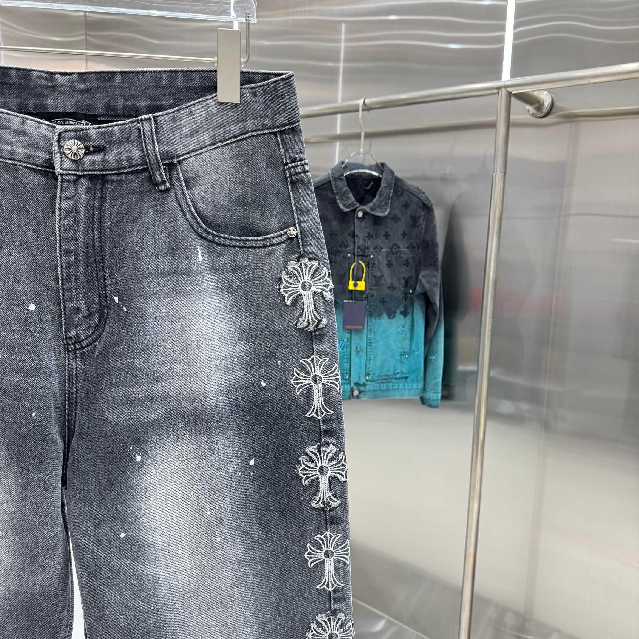 Chrome Hearts 克罗心 CH 重工涂层十字架刺绣牛仔裤面料纱定加密粗左斜纹牛仔布长裤