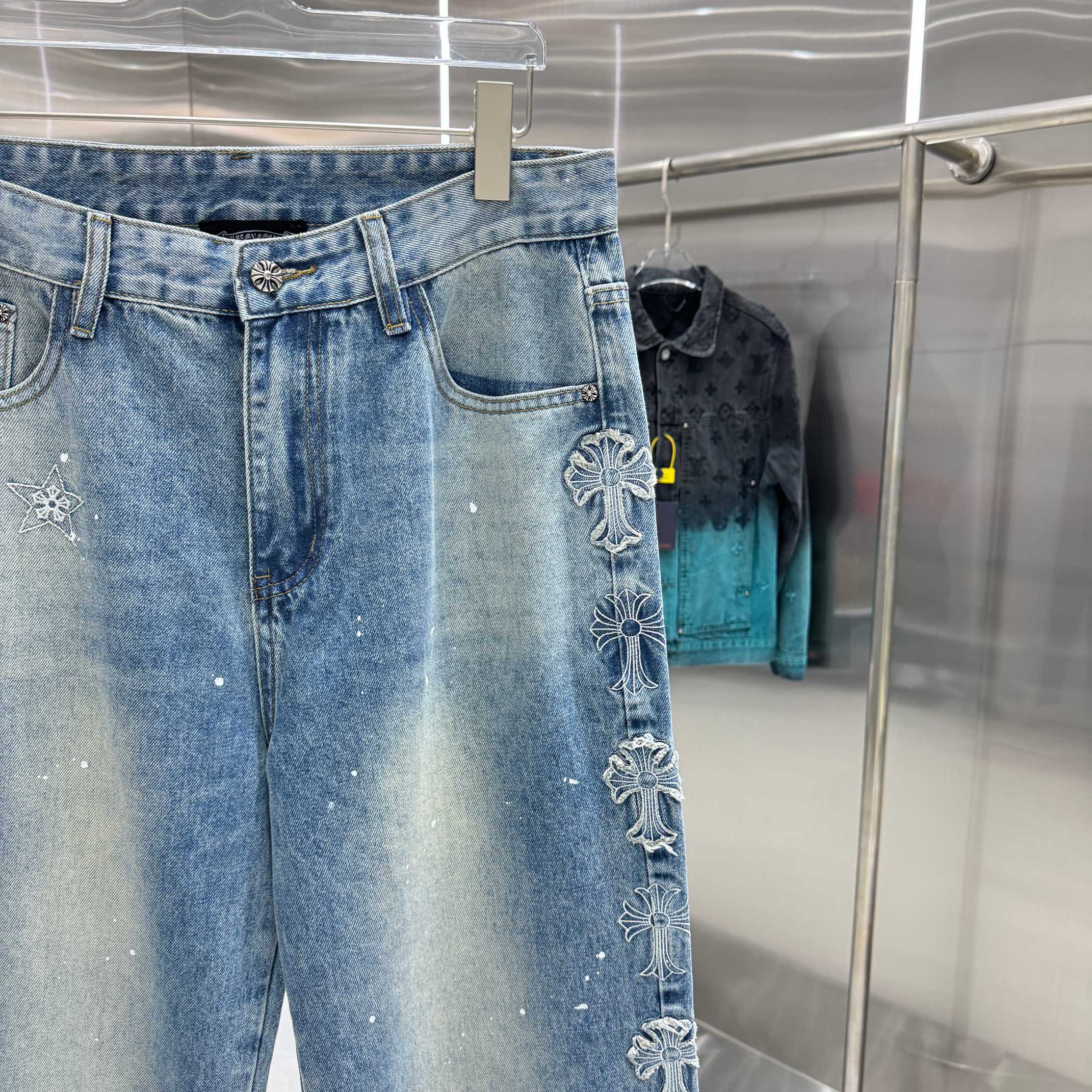 Chrome Hearts 克罗心 CH 重工涂层十字架刺绣牛仔裤面料纱定加密粗左斜纹牛仔布长裤